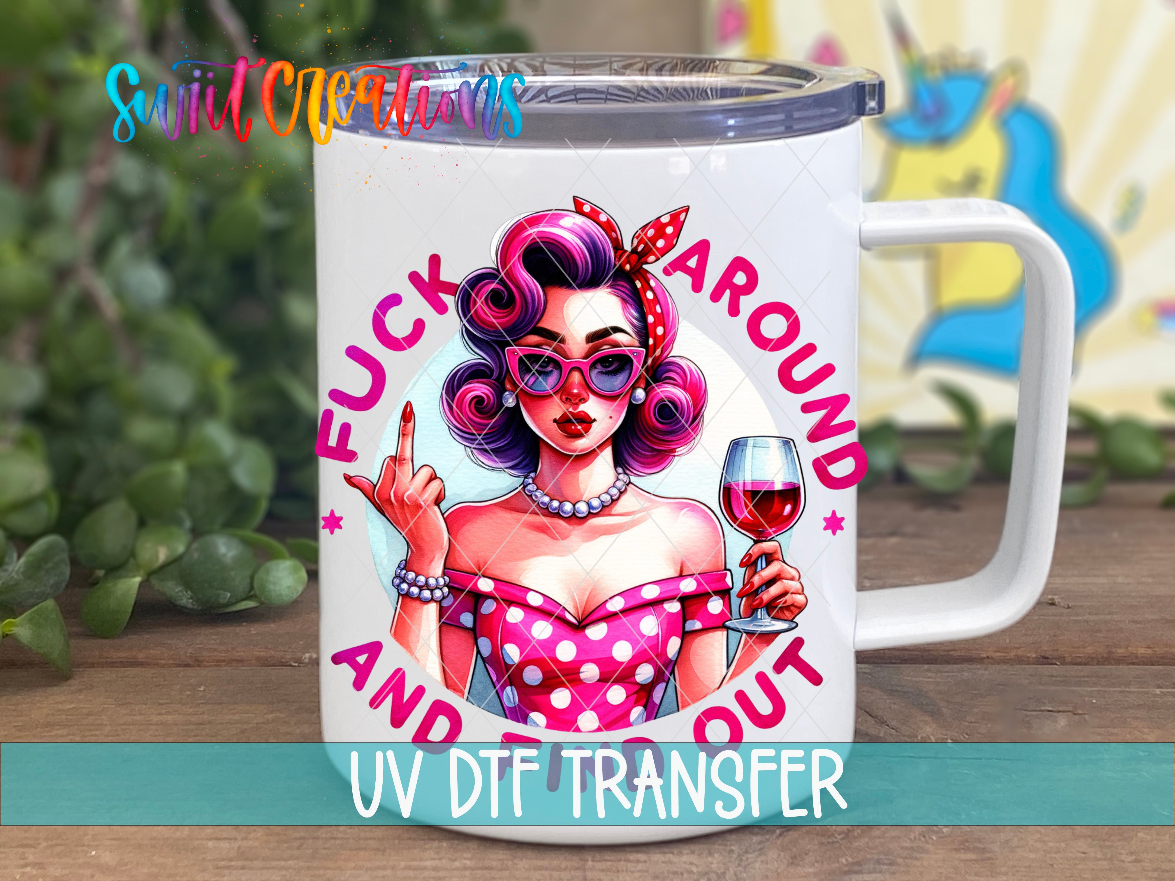 A mug with a colorful illustration of a woman with curly hair and sunglasses, holding a wine glass and making a hand gesture. The mug has a textured surface and a handle on the right side.