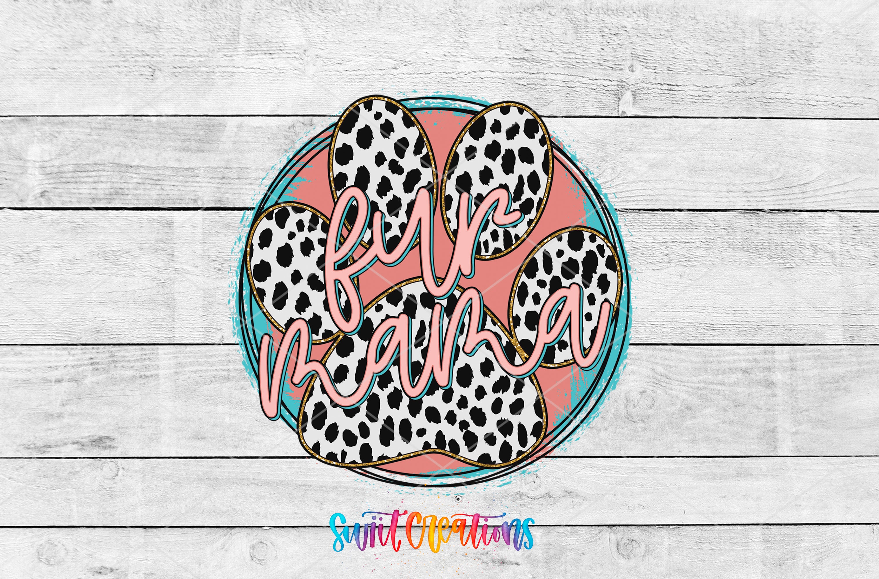 A logo featuring a paw print with the text "four mama" written inside it, set against a wooden background.