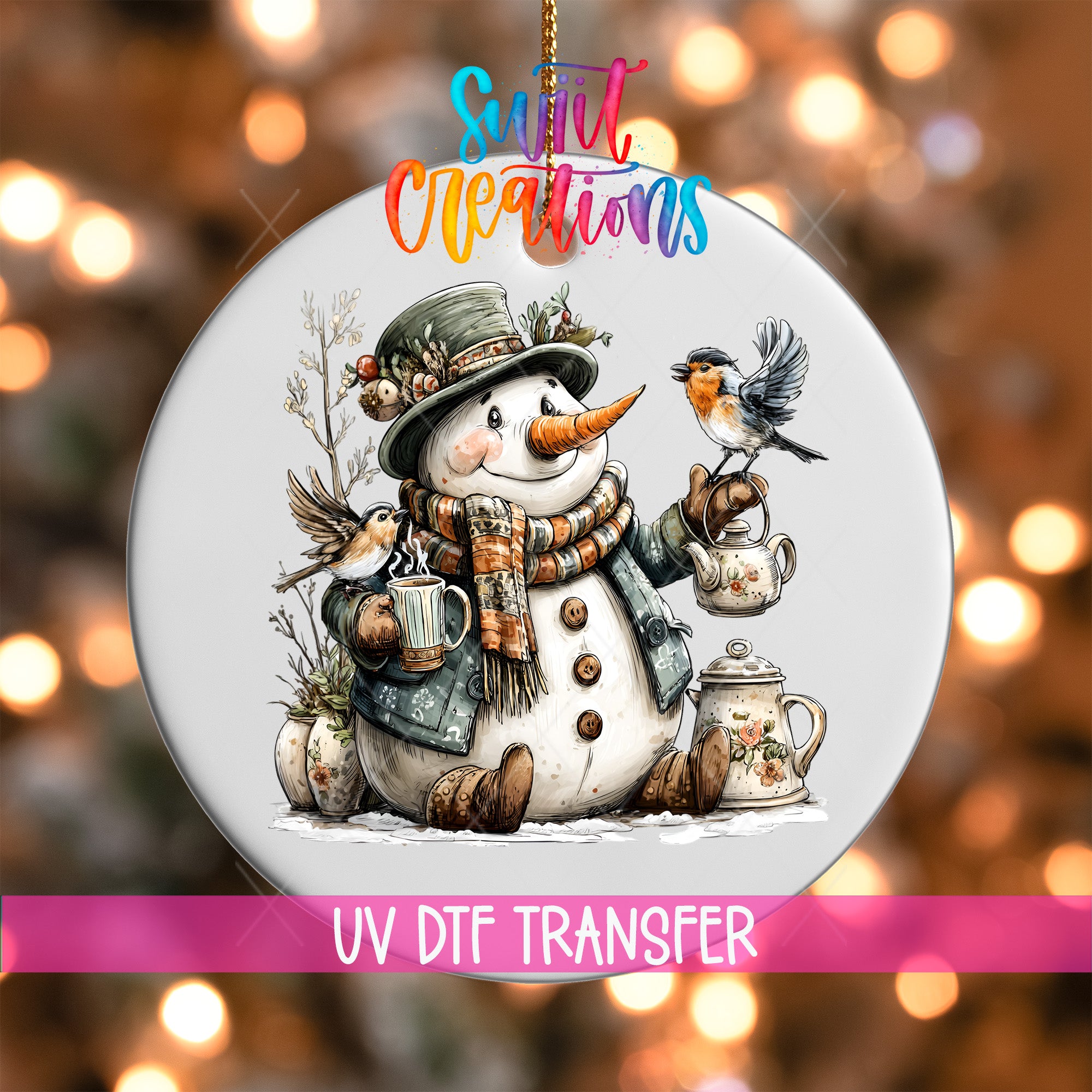 A snowman ornament with a bird perched on its shoulder, holding a cup of tea, and surrounded by various winter-themed elements.