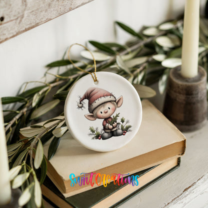 A ceramic ornament featuring a small elf wearing a red hat and holding a book, placed on top of a stack of books.