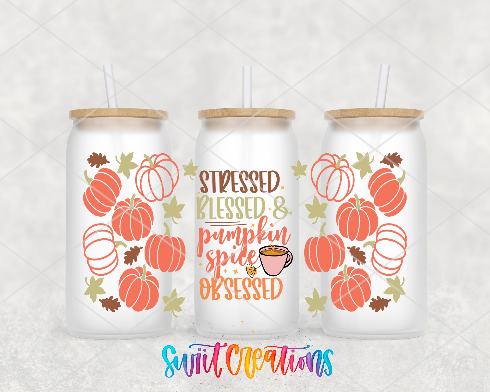 three white tumblers with pumpkin and autumn-themed designs, each with a straw lid. The text on the tumblers reads "Stressed. Blessed & pumpkin spice Obsessed", suggesting a humorous take on the fall season.
