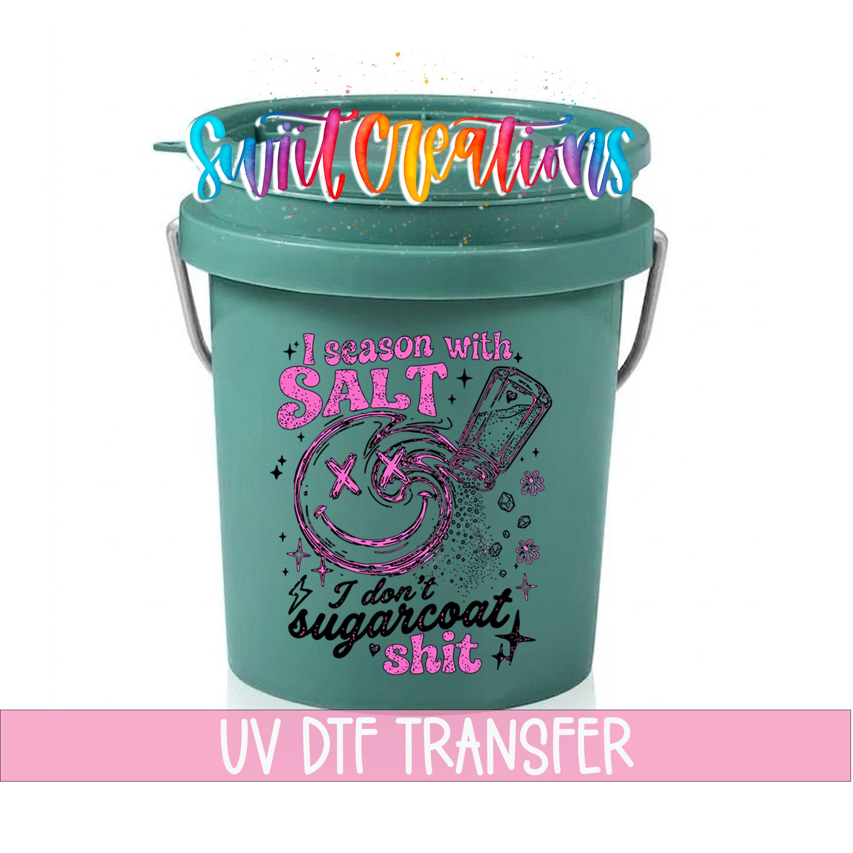 A green bucket with a colorful graphic design and text printed on it.