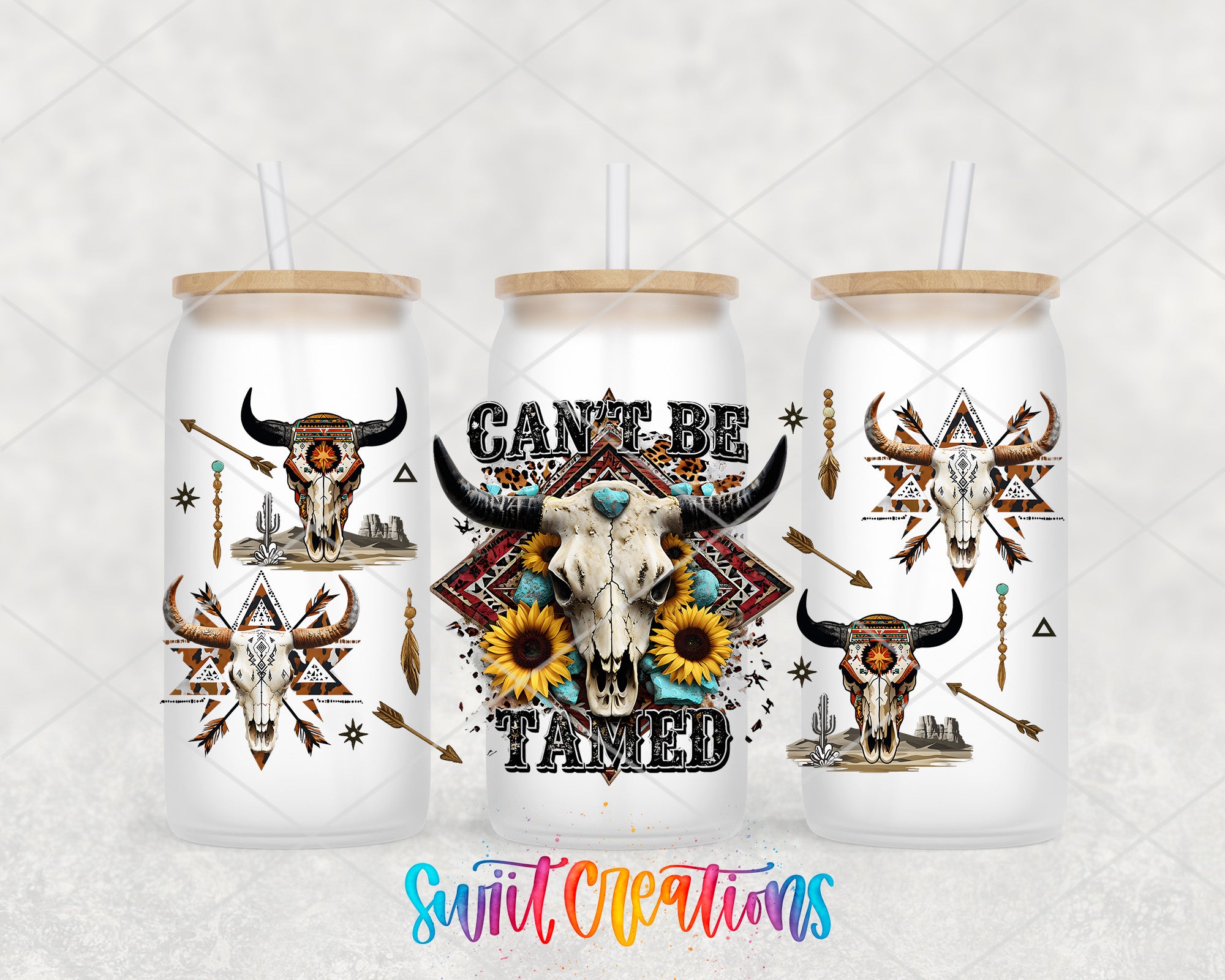 three white tumblers with various designs and text on them.