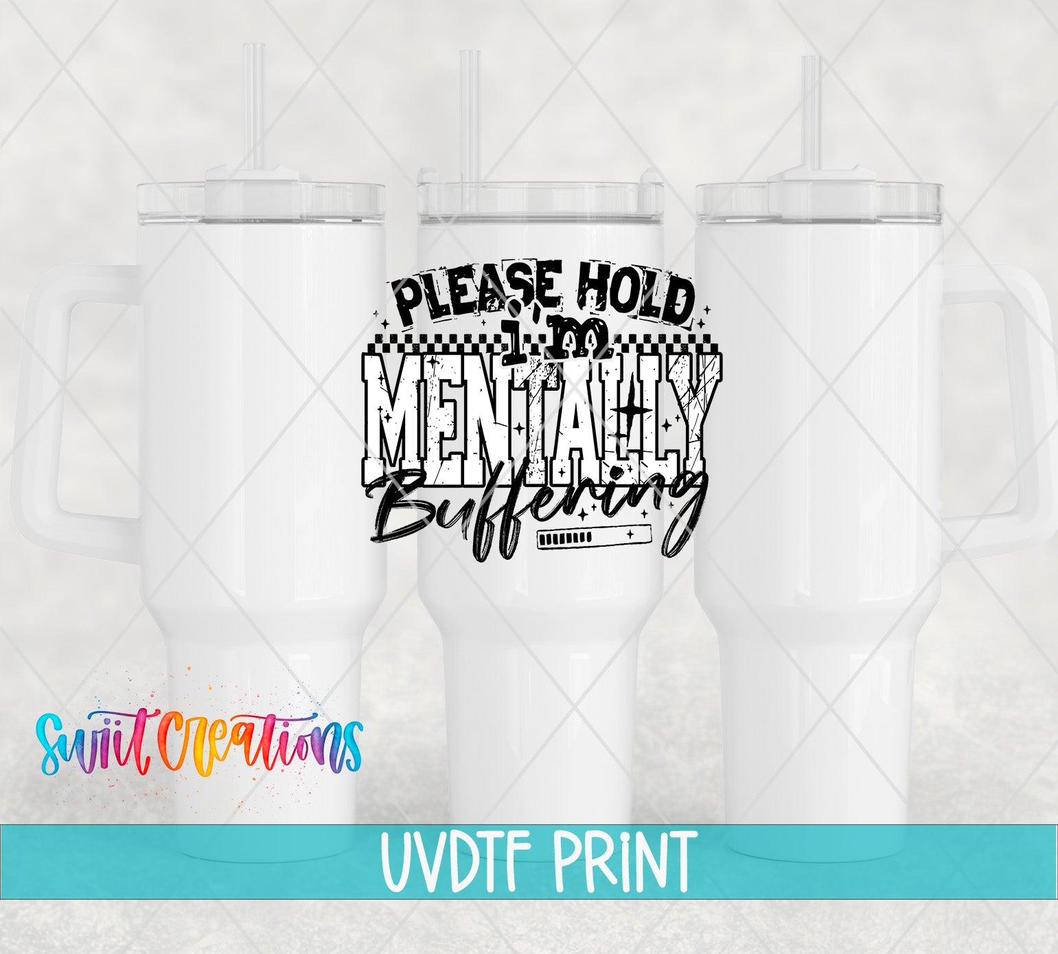 a white mug with a black and white graphic design that says "Please hold mentally buffering" on it.