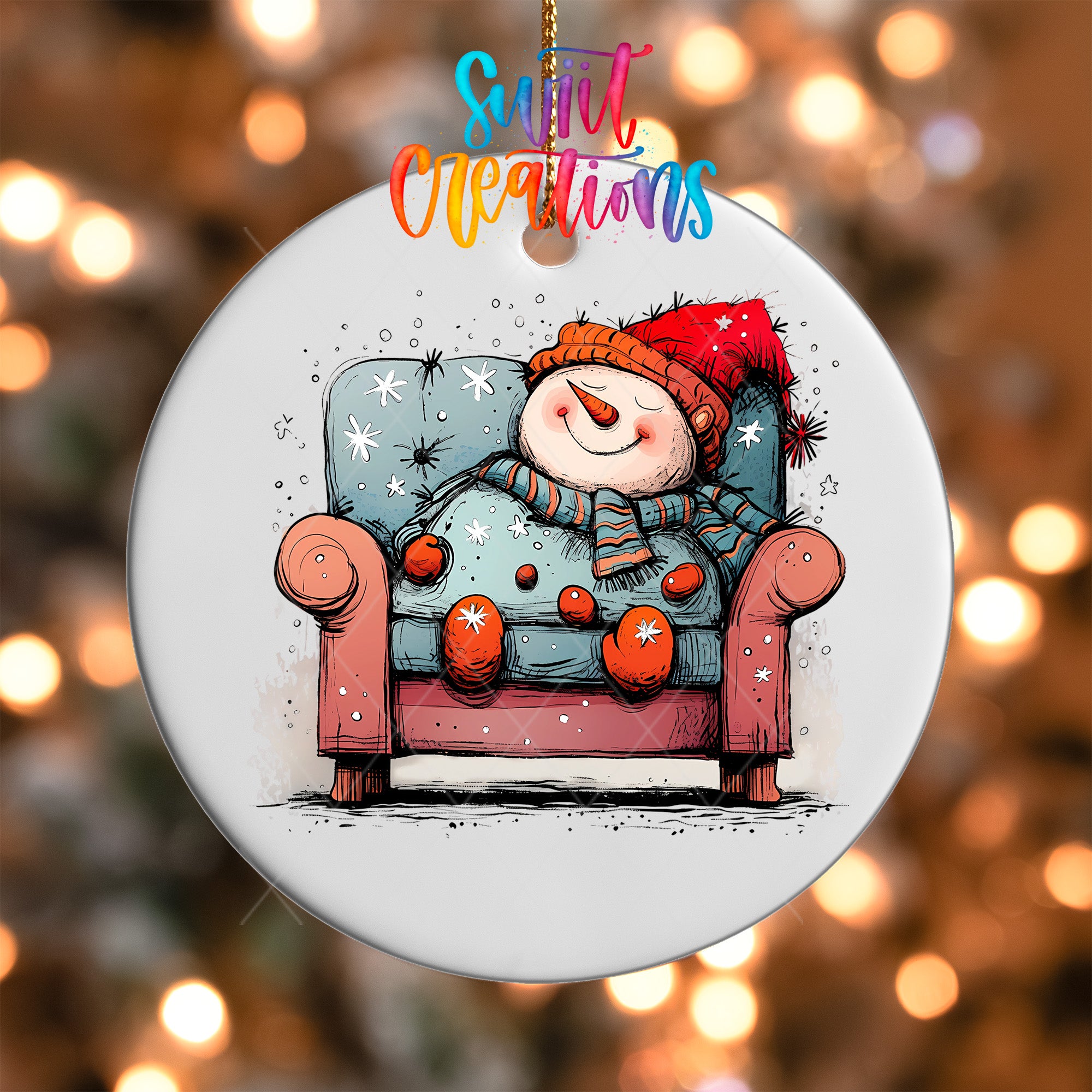 A snowman is sitting in a chair, surrounded by snowflakes, against a background of twinkling lights.