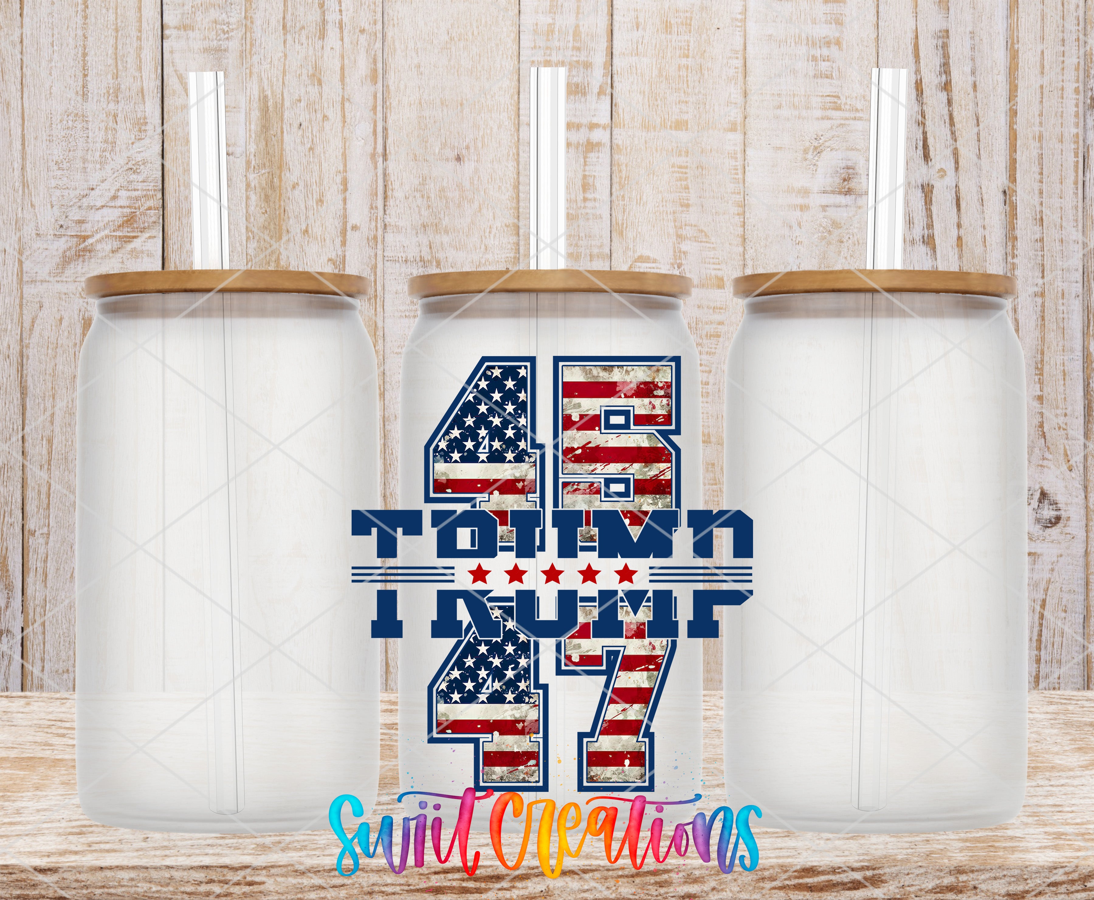 three clear glass jars with wooden lids, each with a straw inserted. The jars are arranged in a row, and there is a large text design in the center that reads "48 TOWNS 47 Trump" in a stylized font.