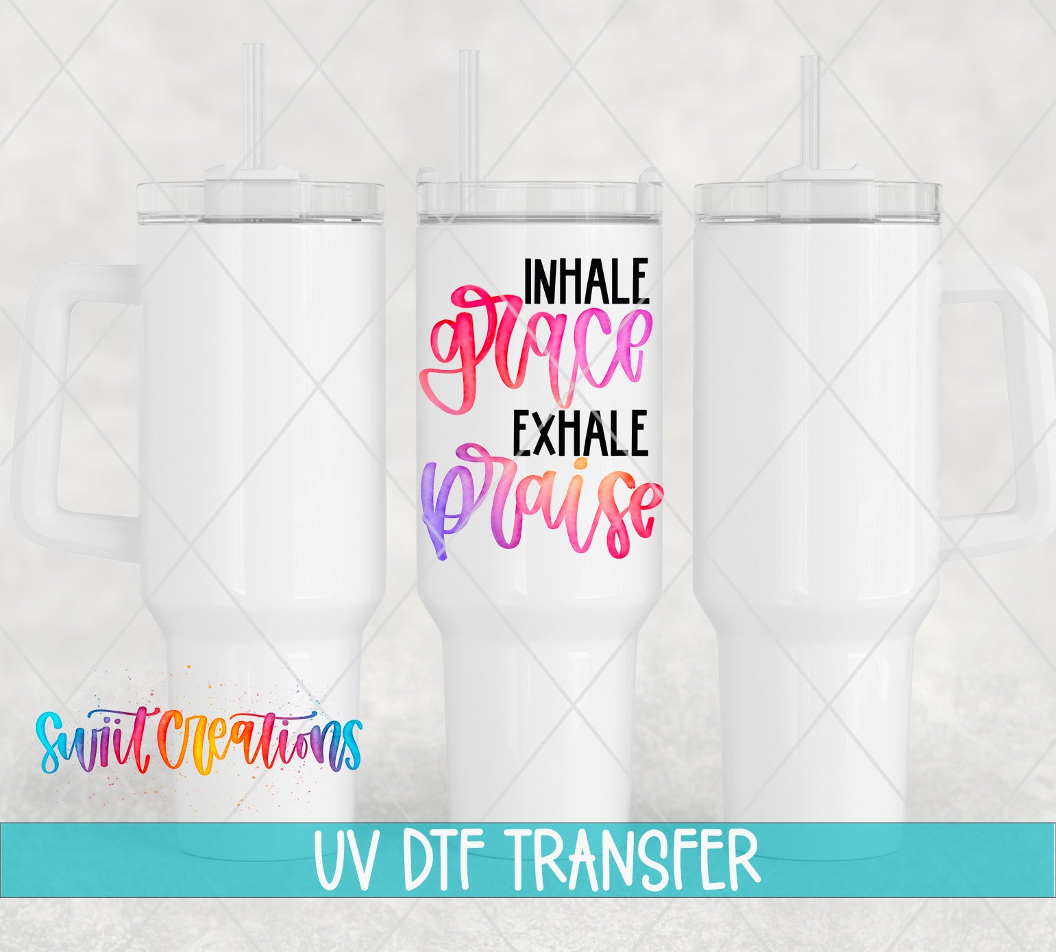 three white tumblers with colorful text printed on them.