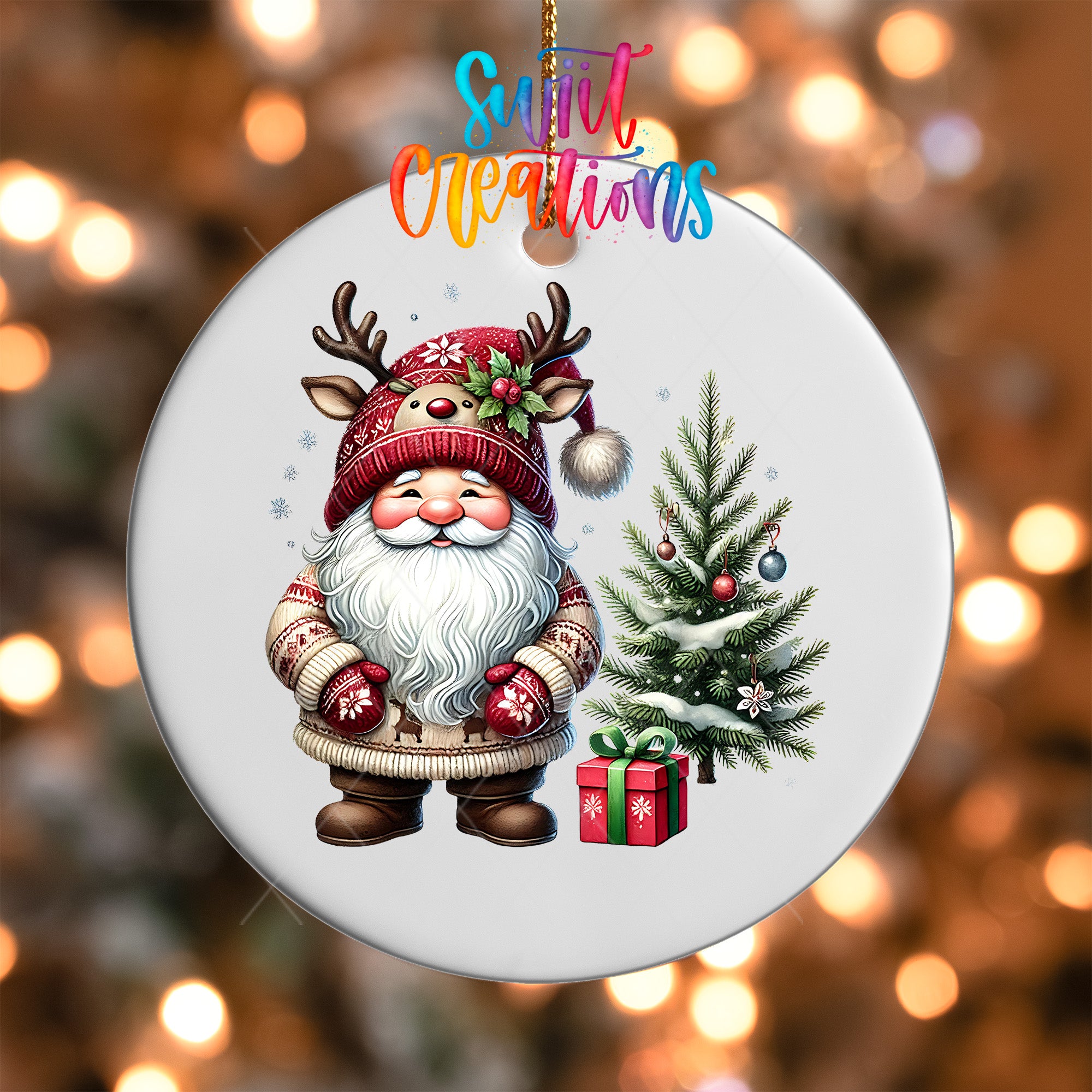 Santa Claus with a Christmas tree and presents is the central focus of the image.