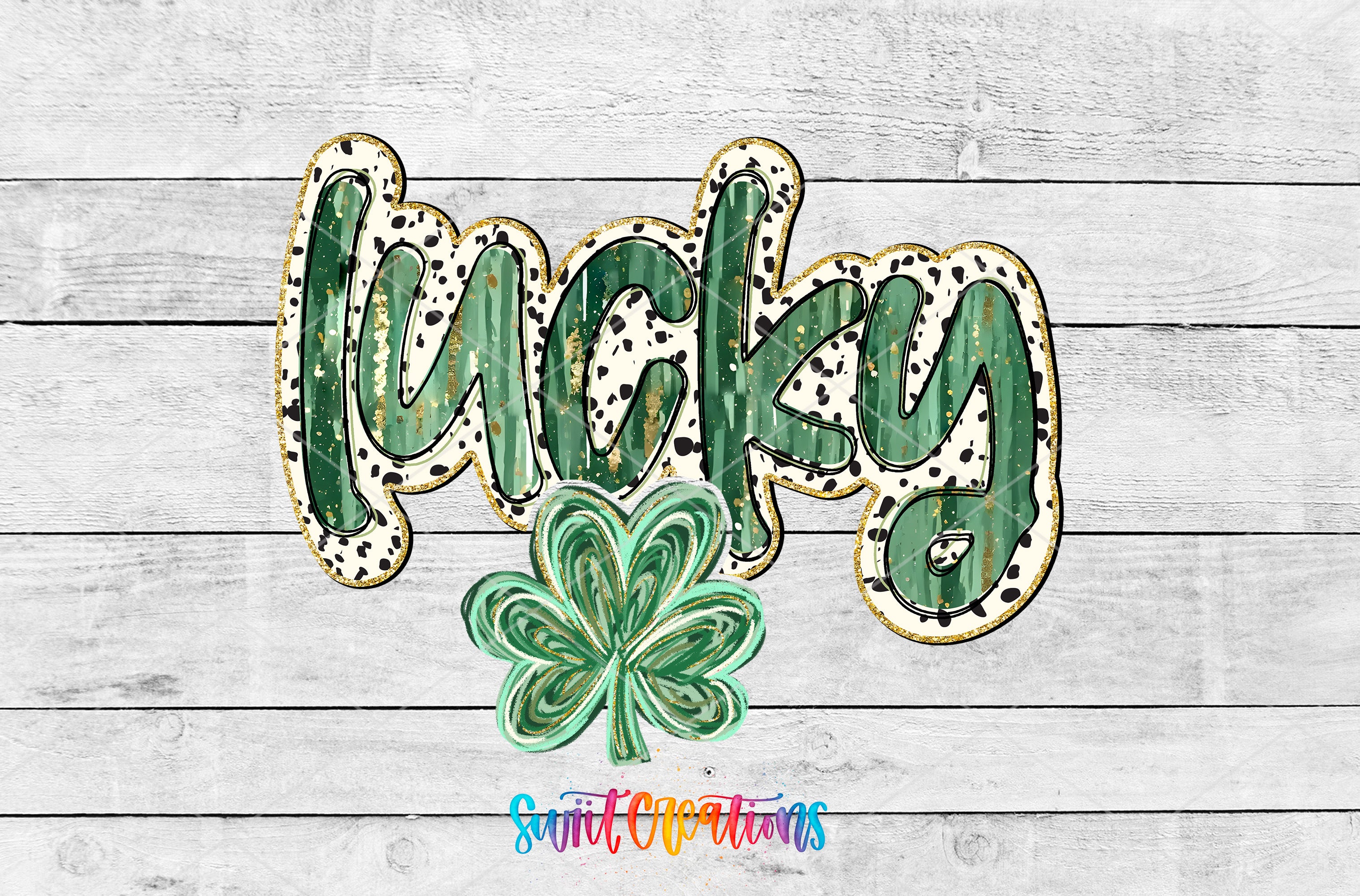 a colorful and whimsical design with the word "Lucky" in a stylized font, surrounded by a green clover and a patterned background.