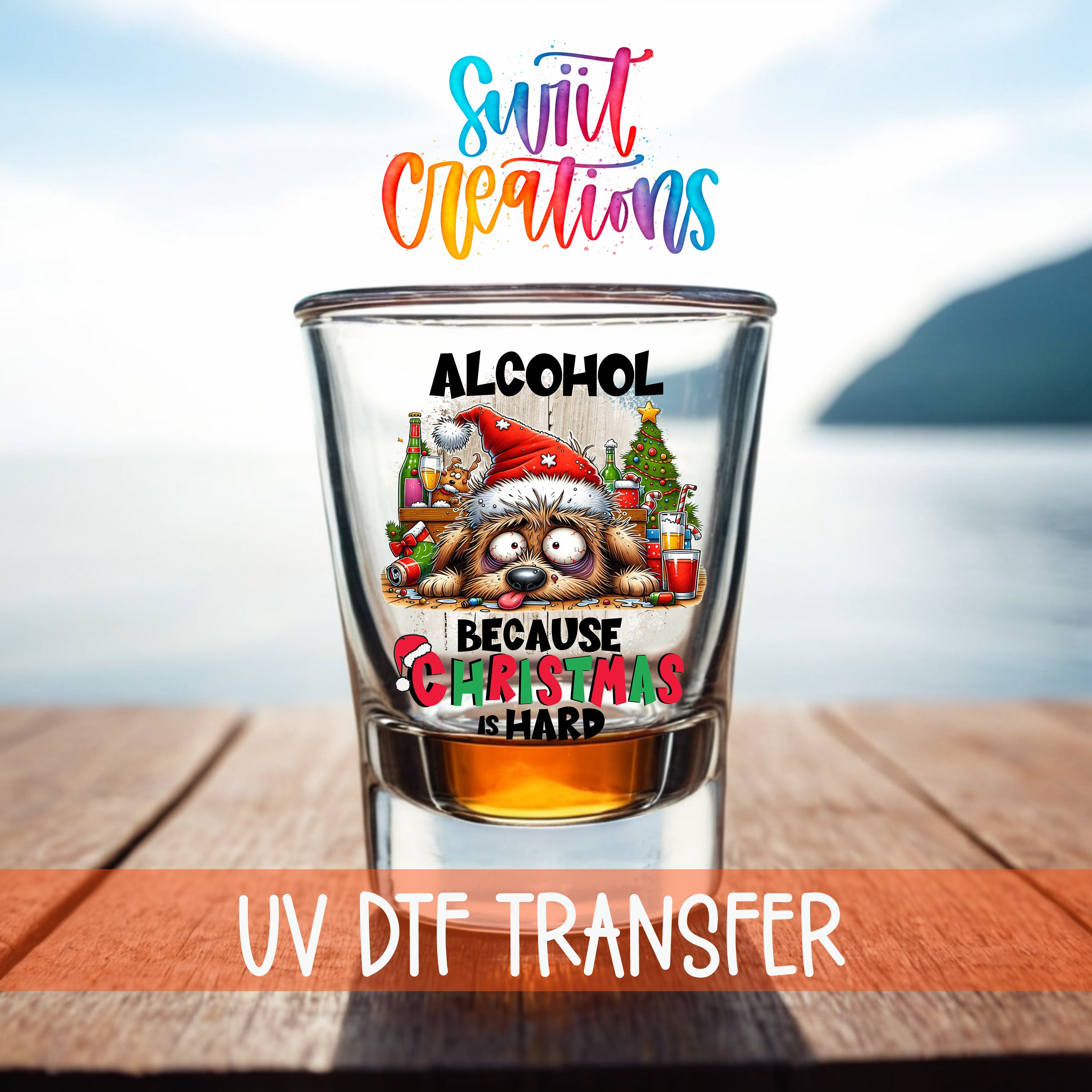 a shot glass with a Christmas-themed design, including a dog wearing a Santa hat and surrounded by Christmas decorations.
