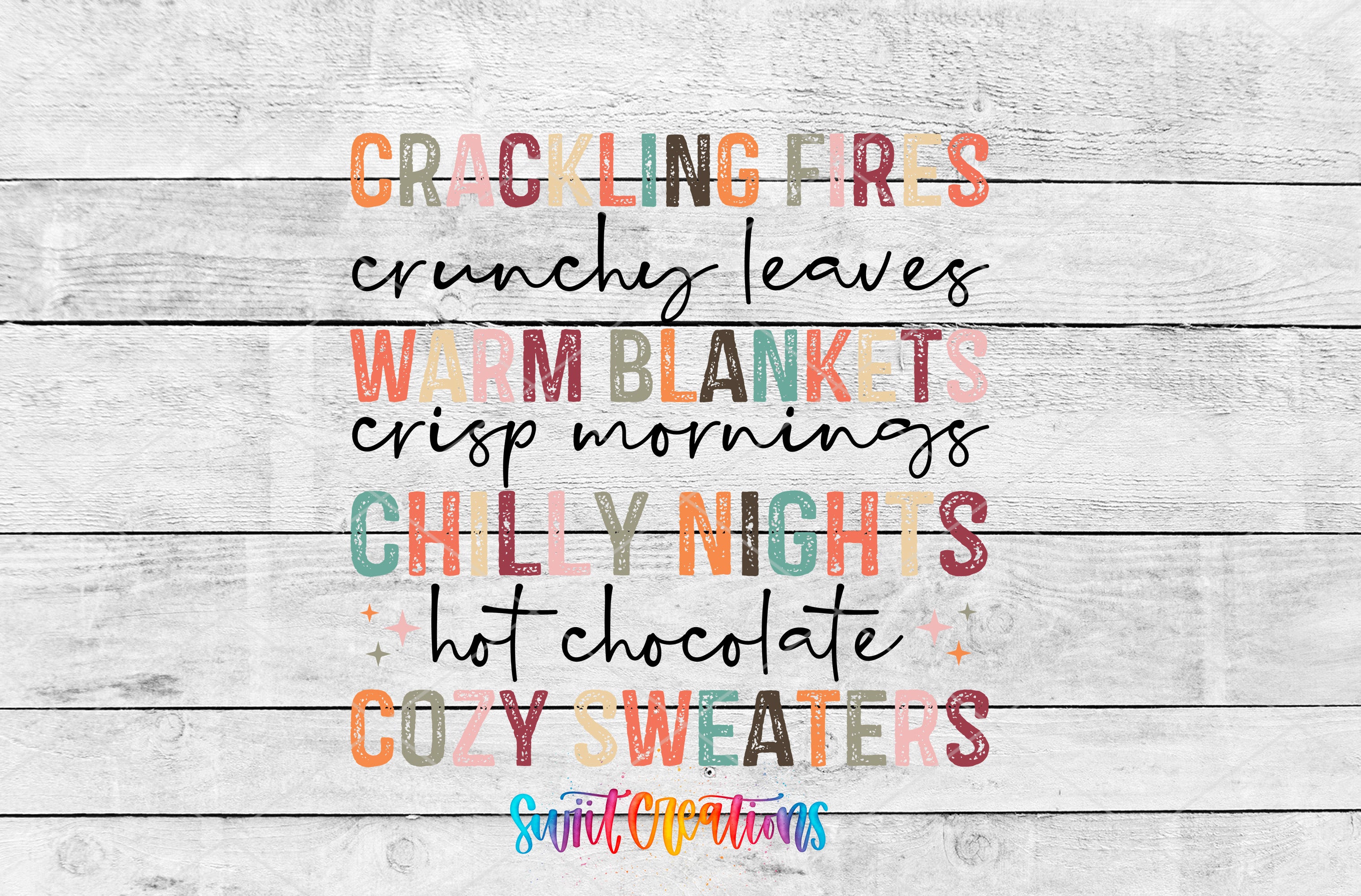 a text that describes various fall-themed items, such as crackling fires, crunchy leaves, warm blankets, crisp mornings, chilly nights, hot chocolate, and cozy sweaters. The text is arranged in a colorful and playful manner, creating a vibrant and autumnal atmosphere.