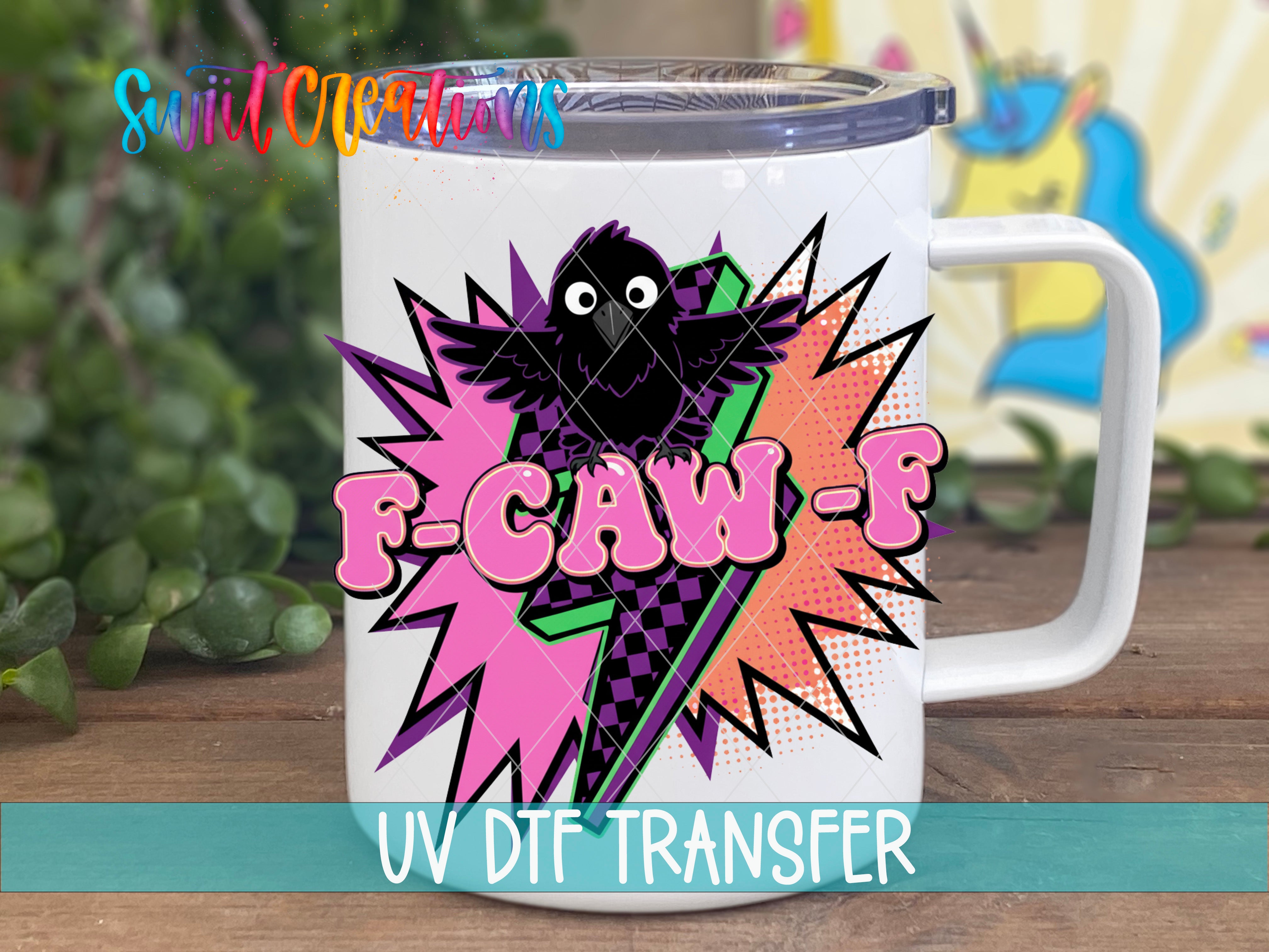 A white mug with a colorful graphic design featuring a black bird and a lightning bolt.
