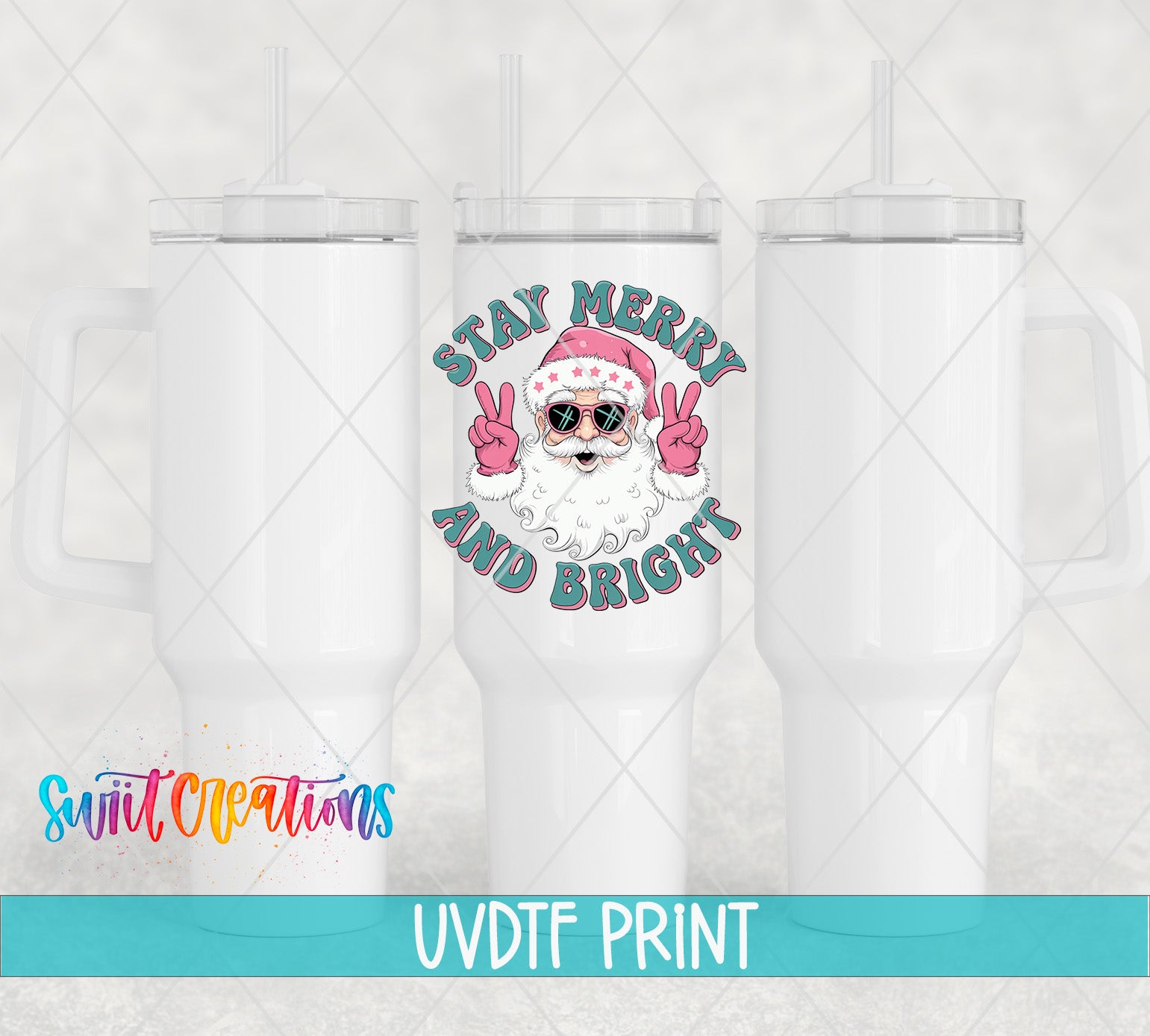 three white tumblers with a colorful design on them, including a Santa Claus figure and the text "Stay Merry and Bright".