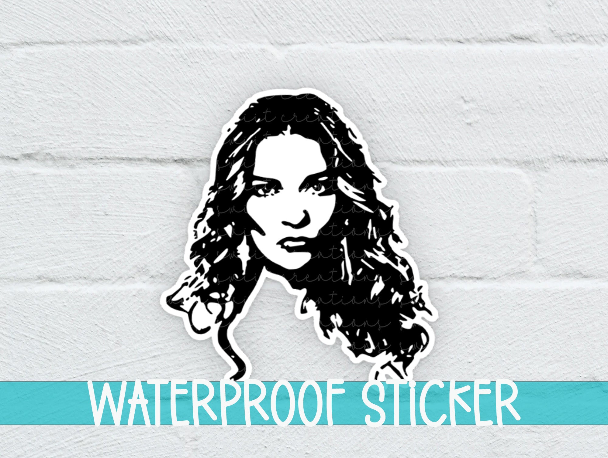 a sticker of a woman's face with the words waterproof sticker