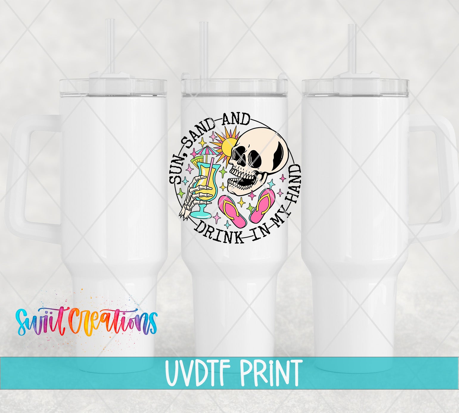 a white ceramic mug with a colorful design on it, including a skull and a sun-like symbol. The mug has a handle on the left side and a straw on the right side. The mug is set against a light background, and there is text at the bottom of the image that reads "Swit Creations UVDF PRINT".