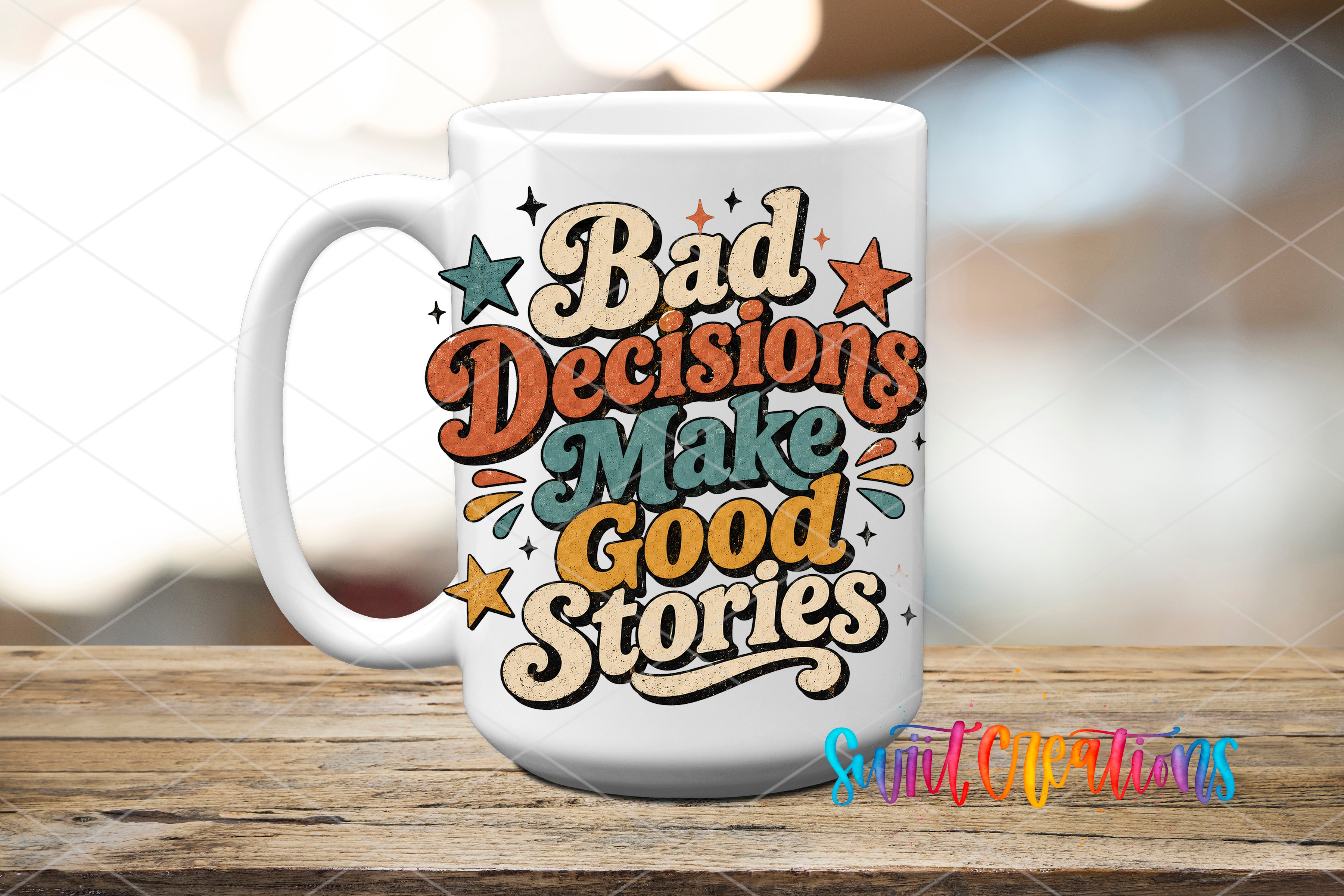 A white mug with a colorful and playful design featuring the text "Bad Decisions Make Good Stories" surrounded by stars and other decorative elements.