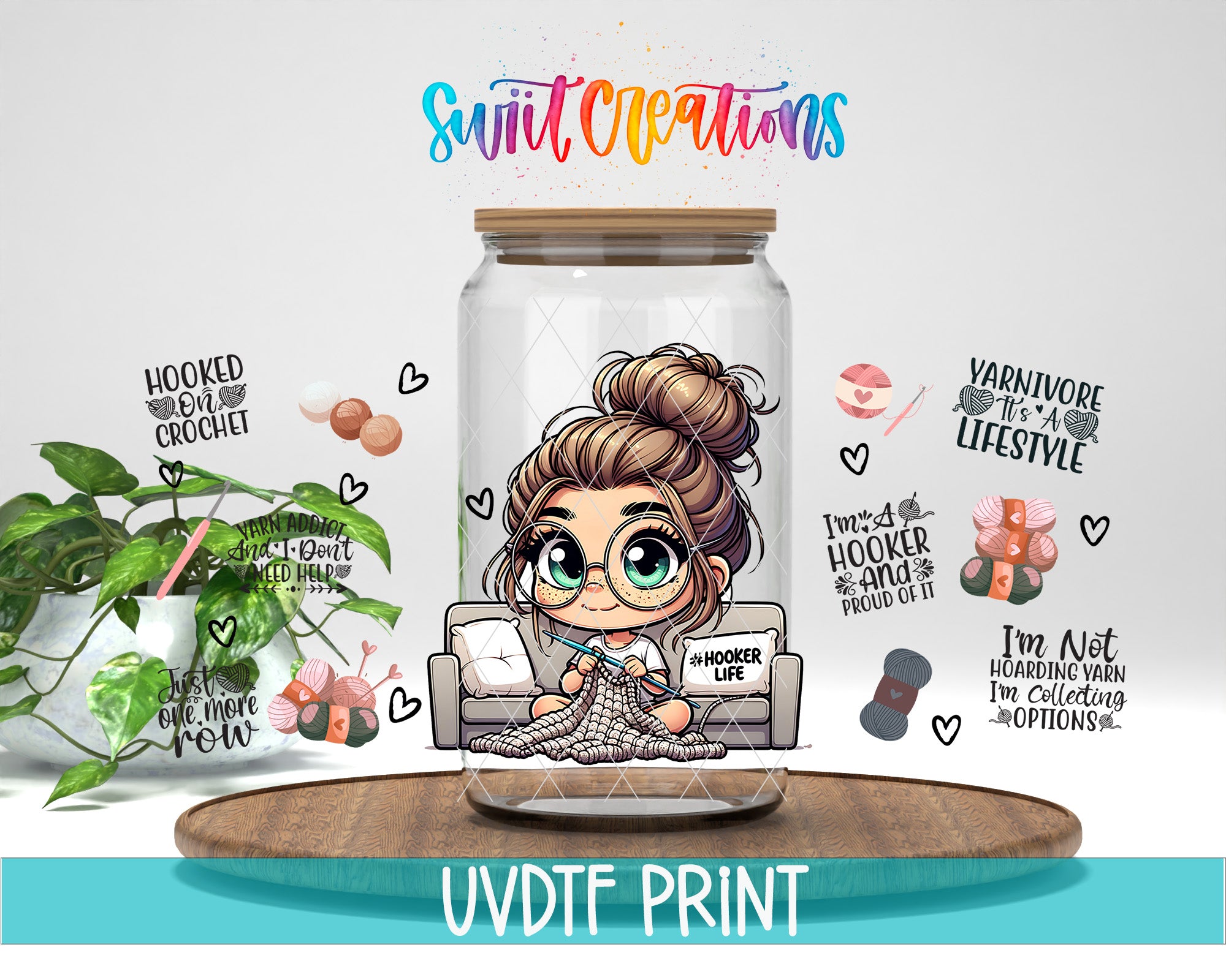 a glass jar filled with a cartoon character sitting on top of a table