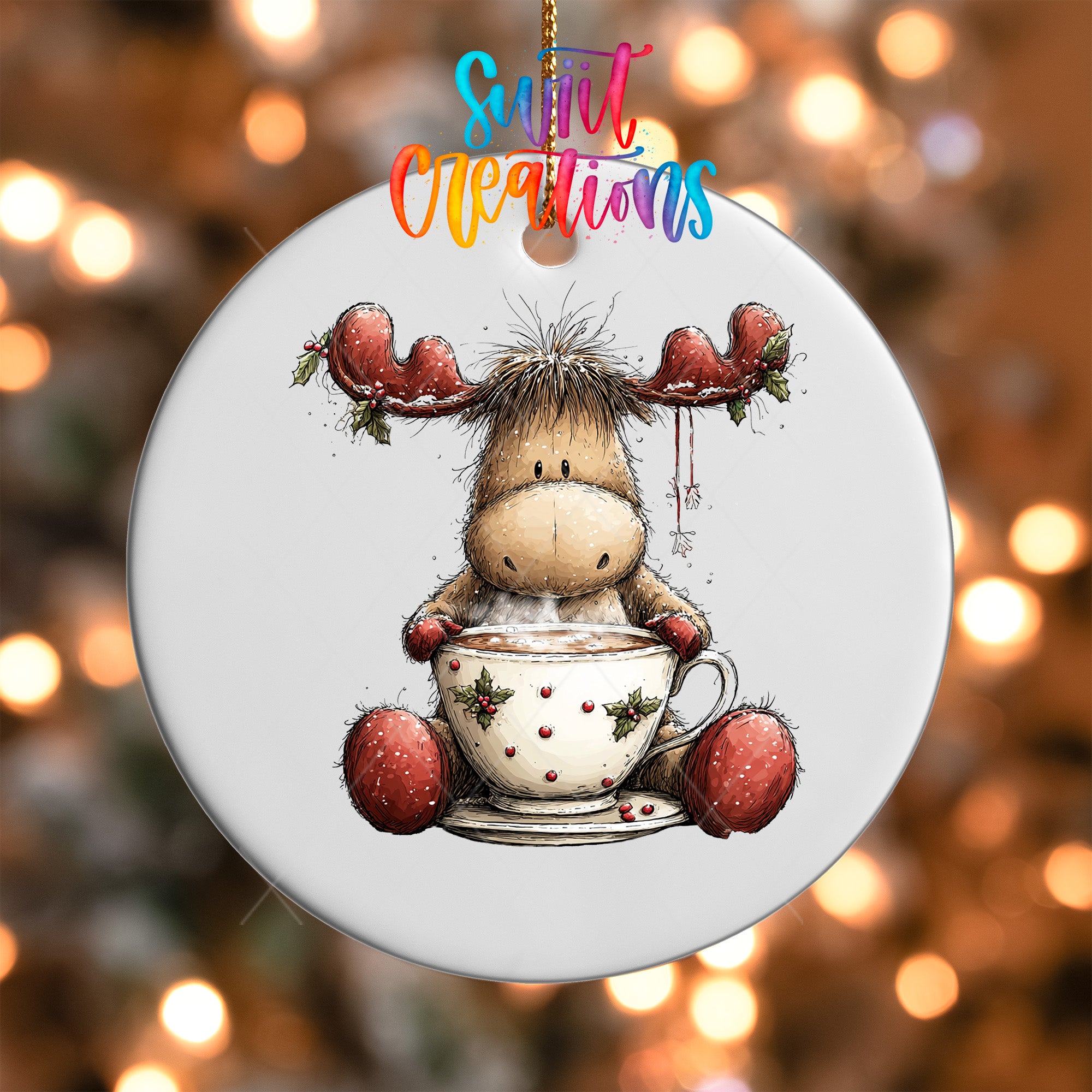 A ceramic ornament featuring a cartoon moose holding a cup of hot chocolate, with a colorful background.