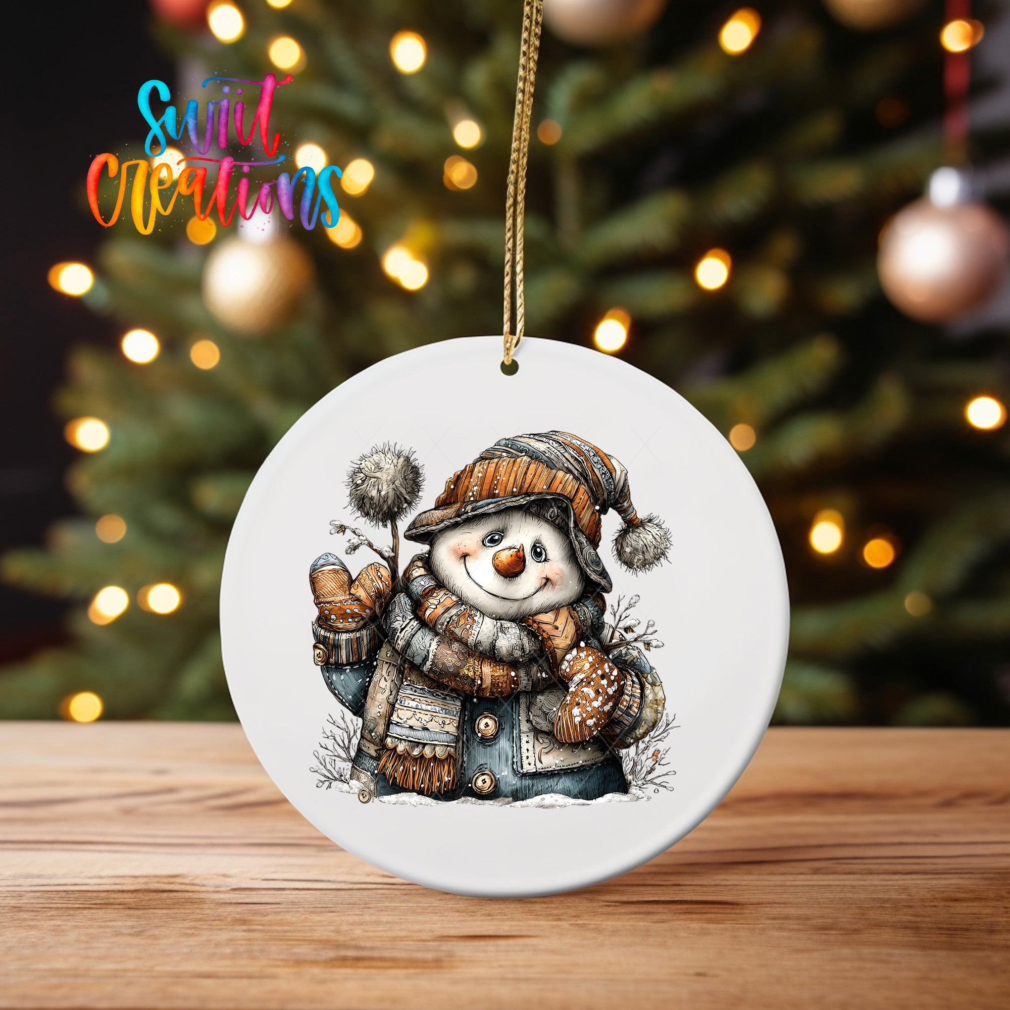 A white ceramic ornament featuring a snowman with a carrot nose and coal eyes, wearing a striped scarf and hat, is hanging from a string.