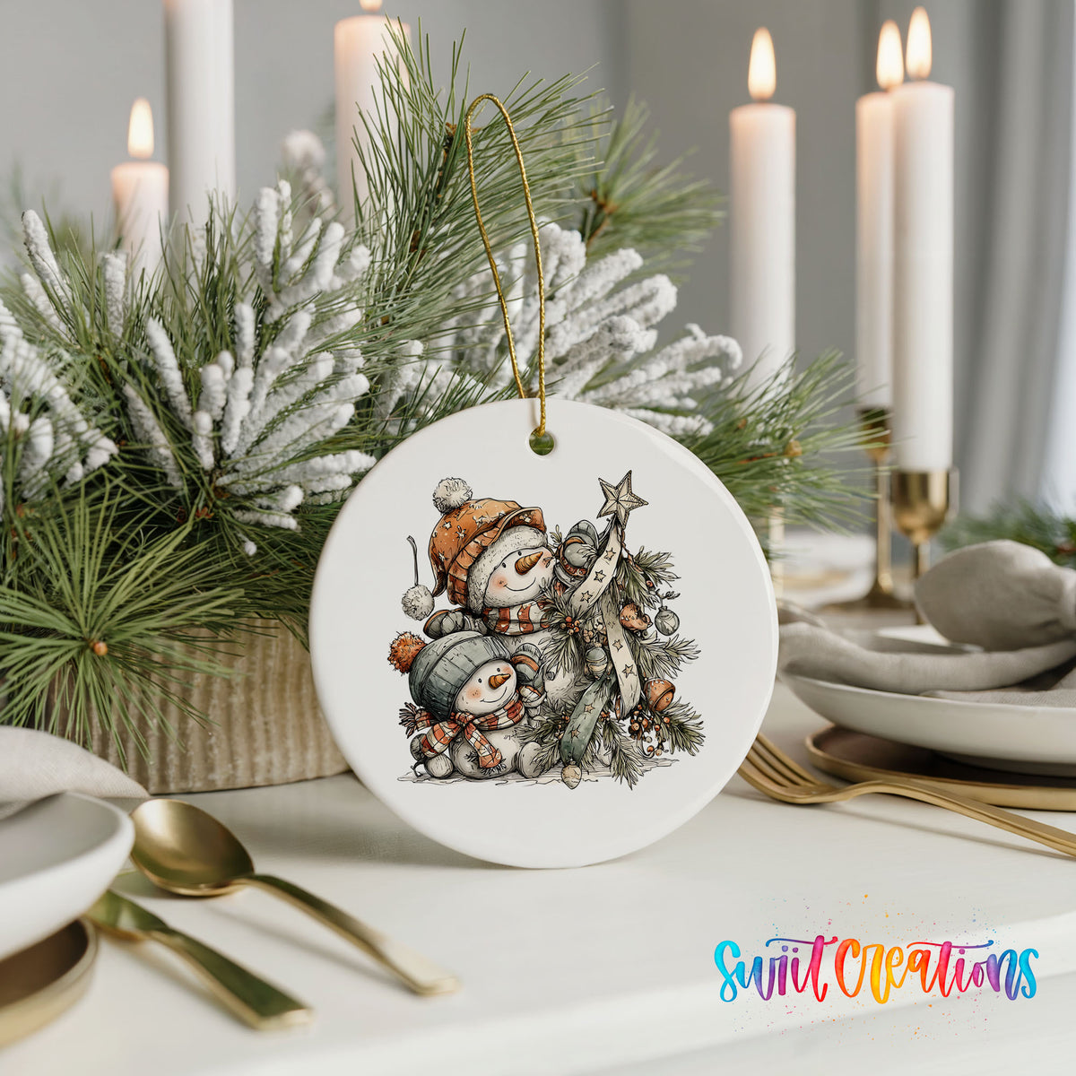 A white ceramic ornament featuring two snowmen is displayed on a table, surrounded by candles, plates, and silverware.