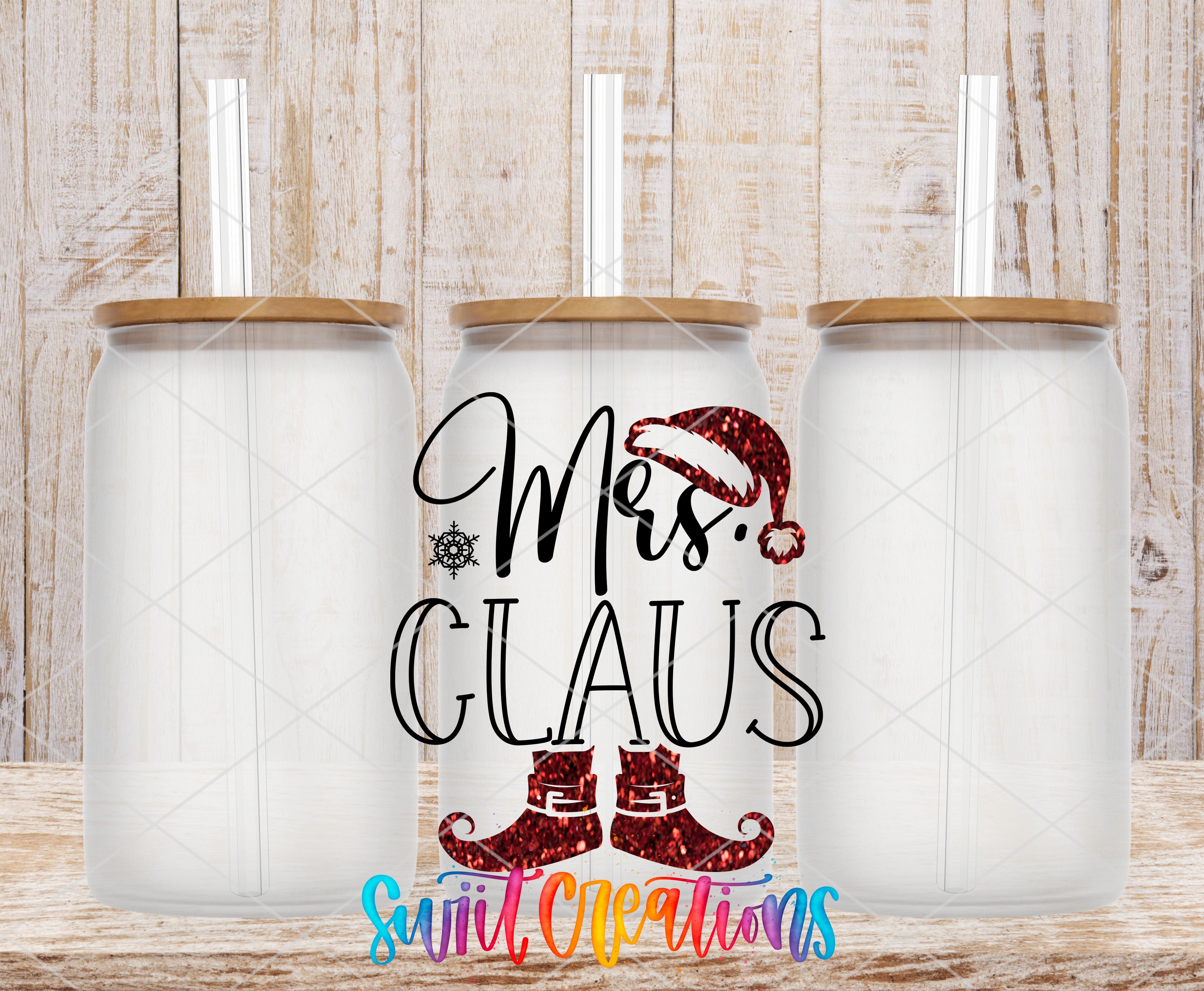 A collage of three white glass jars with brown lids, each with a straw, and a text design in the center that says "Mrs. Claus" with a Santa hat and red and gold glitter boots.