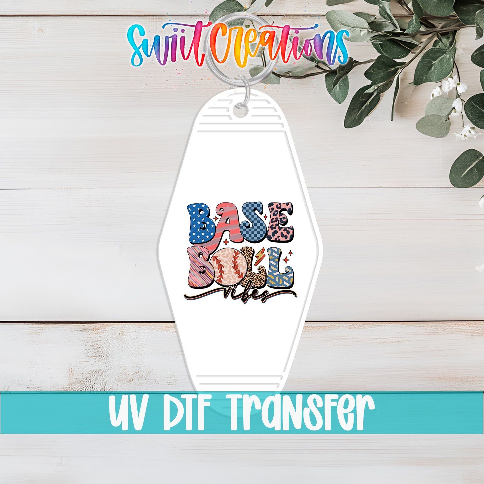 A keychain with the text "Base Ball Vibes" printed on it, along with a colorful design featuring baseballs, a bat, and other baseball-related elements.