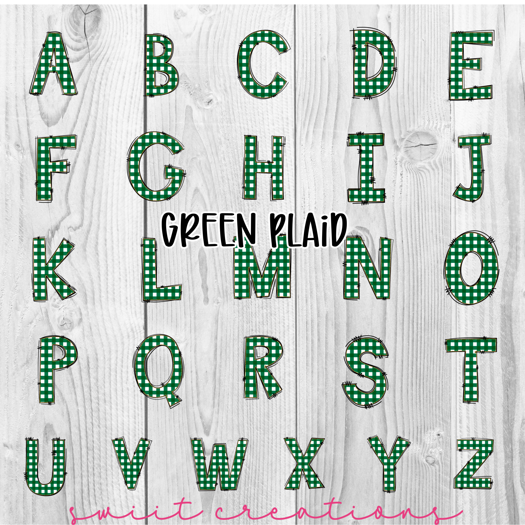 a green and white alphabet on a wooden background