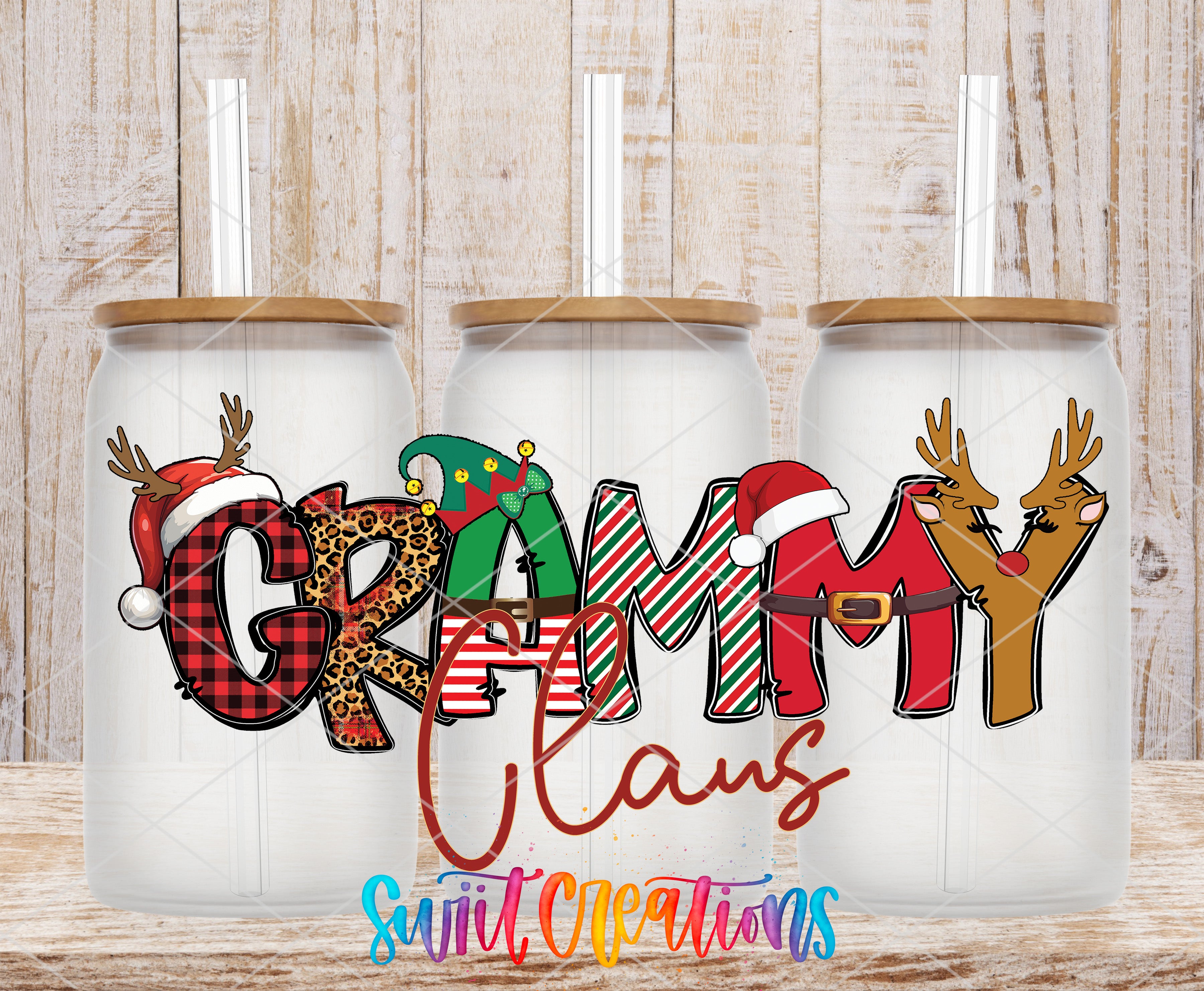 Three glass tumblers with the word "GRAMMY" written on them, each with a different holiday-themed character design.