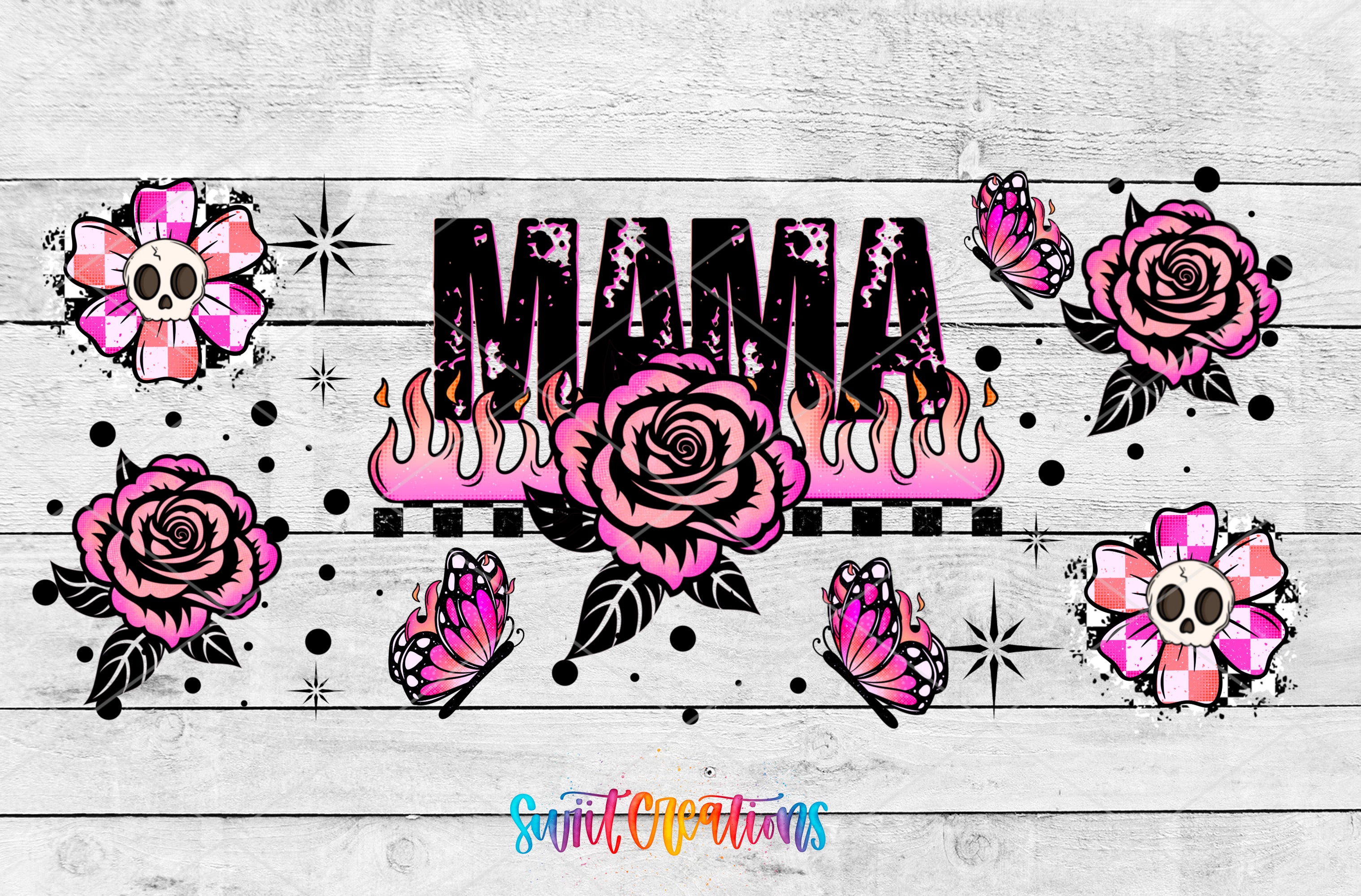 The image is a collage of various artistic elements, including a large pink rose, a skull, butterflies, and flames. The word "MANA" is prominently displayed in the center, surrounded by these decorative elements.