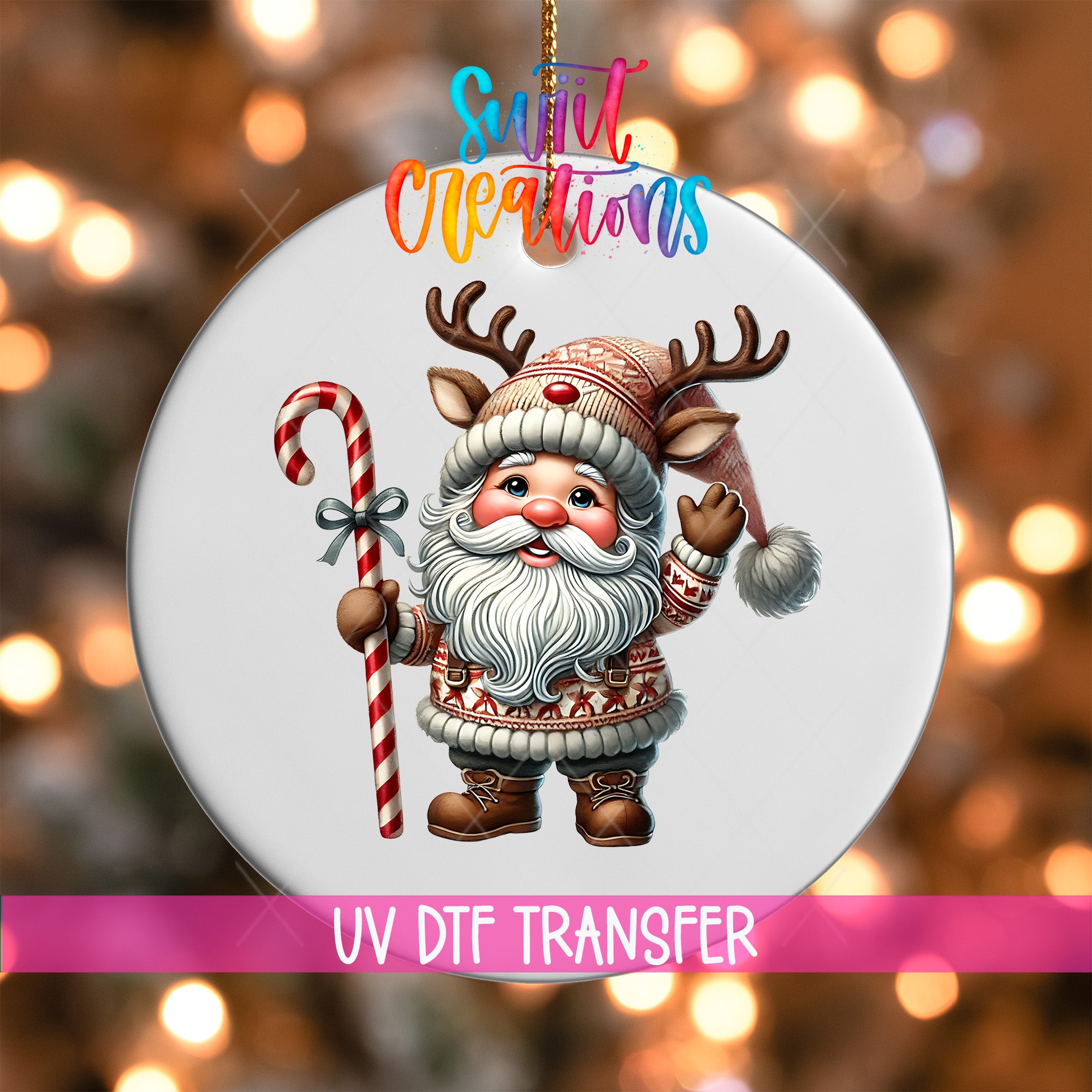 A white ornament with a cartoon Santa Claus figure holding a candy cane and wearing a hat with antlers.