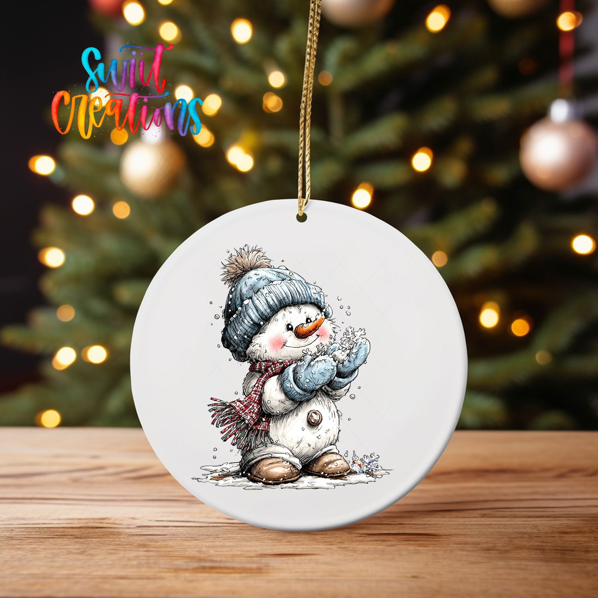 A white ceramic ornament featuring a snowman with a carrot nose and scarf, sitting on a wooden surface in front of a blurred Christmas tree with twinkling lights.