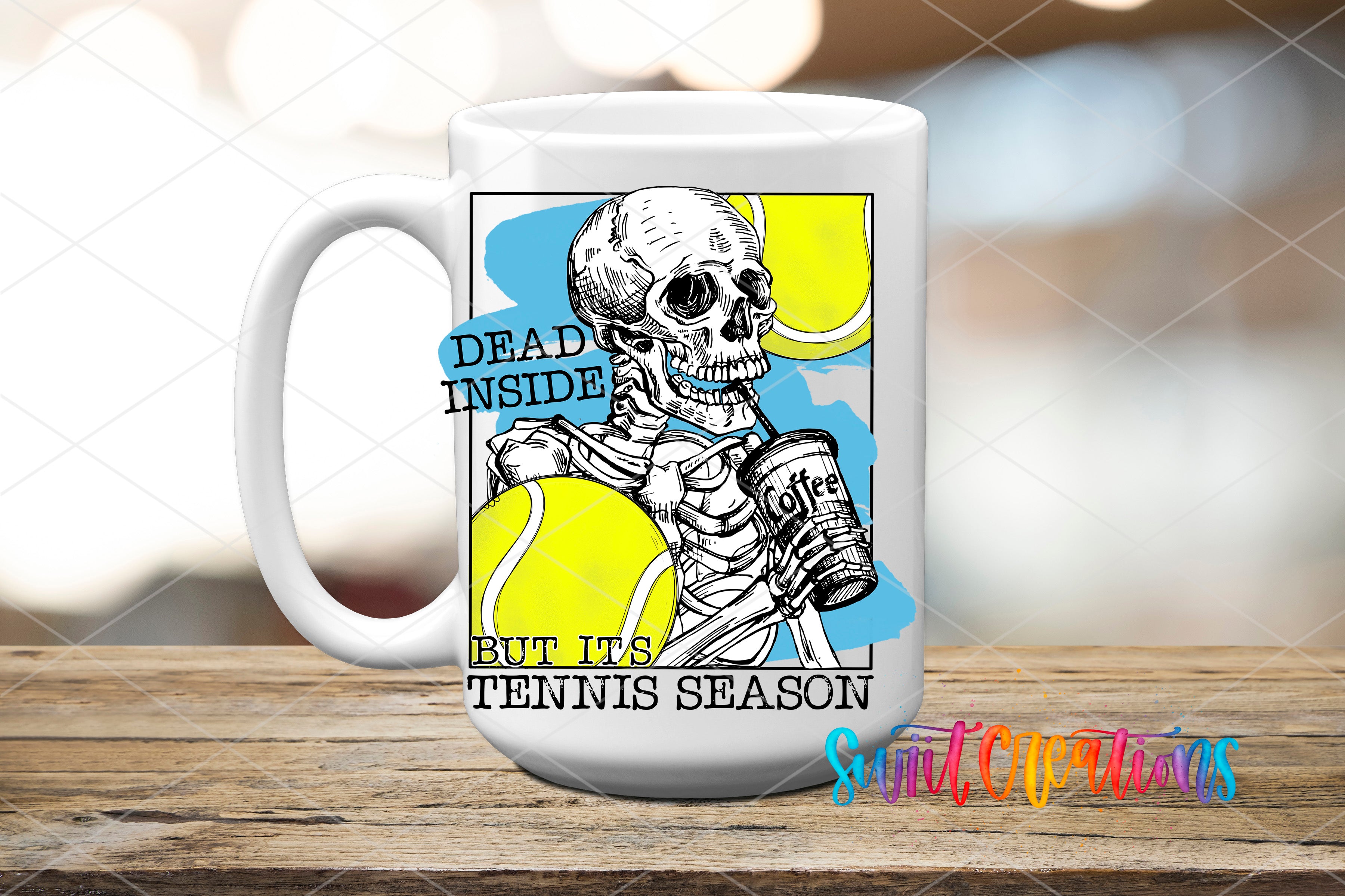 A white ceramic mug with a graphic design featuring a skeleton holding a tennis racket and the text "Dead inside but it's tennis season" printed on it.