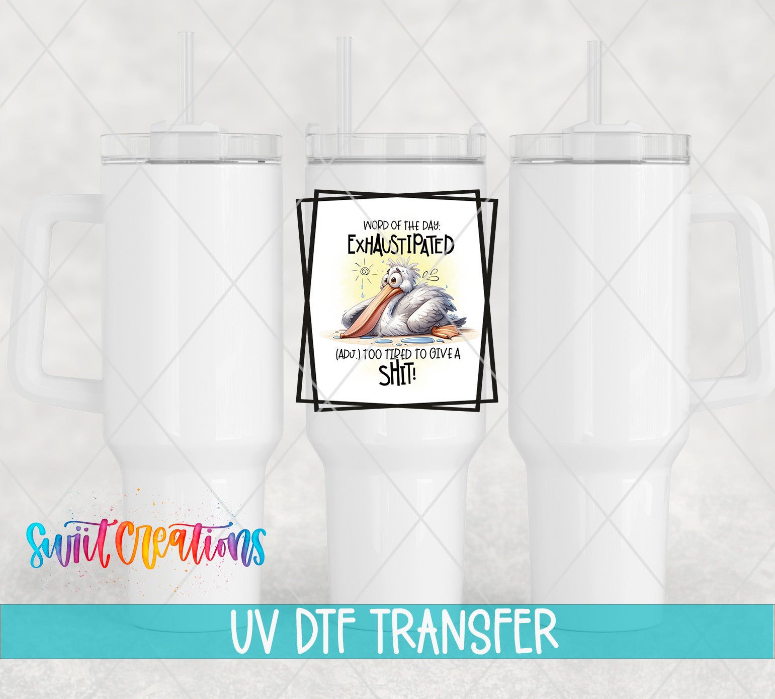 The image is a collage of three white tumblers with a humorous text overlay.