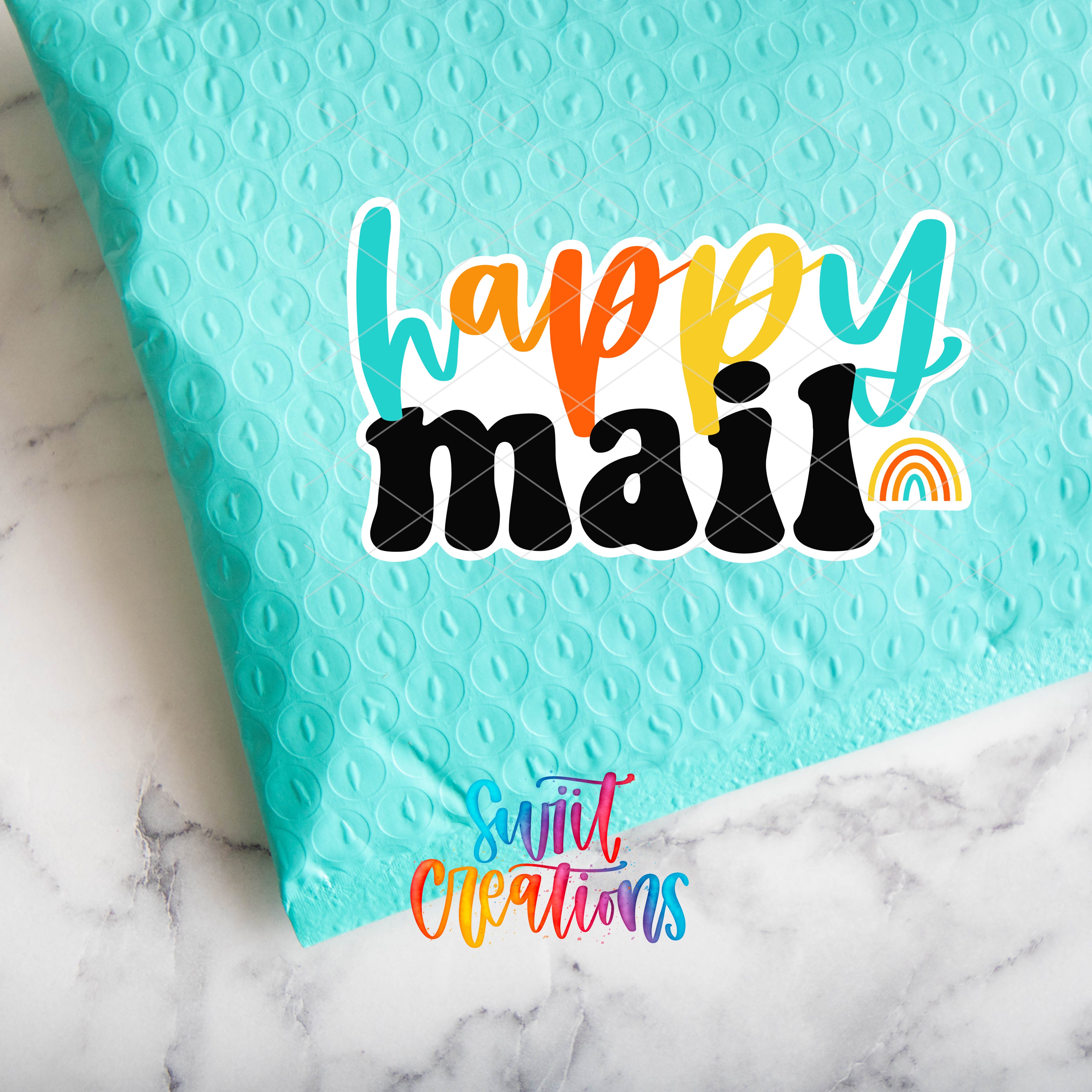 a blue envelope with a happy mail sticker on it