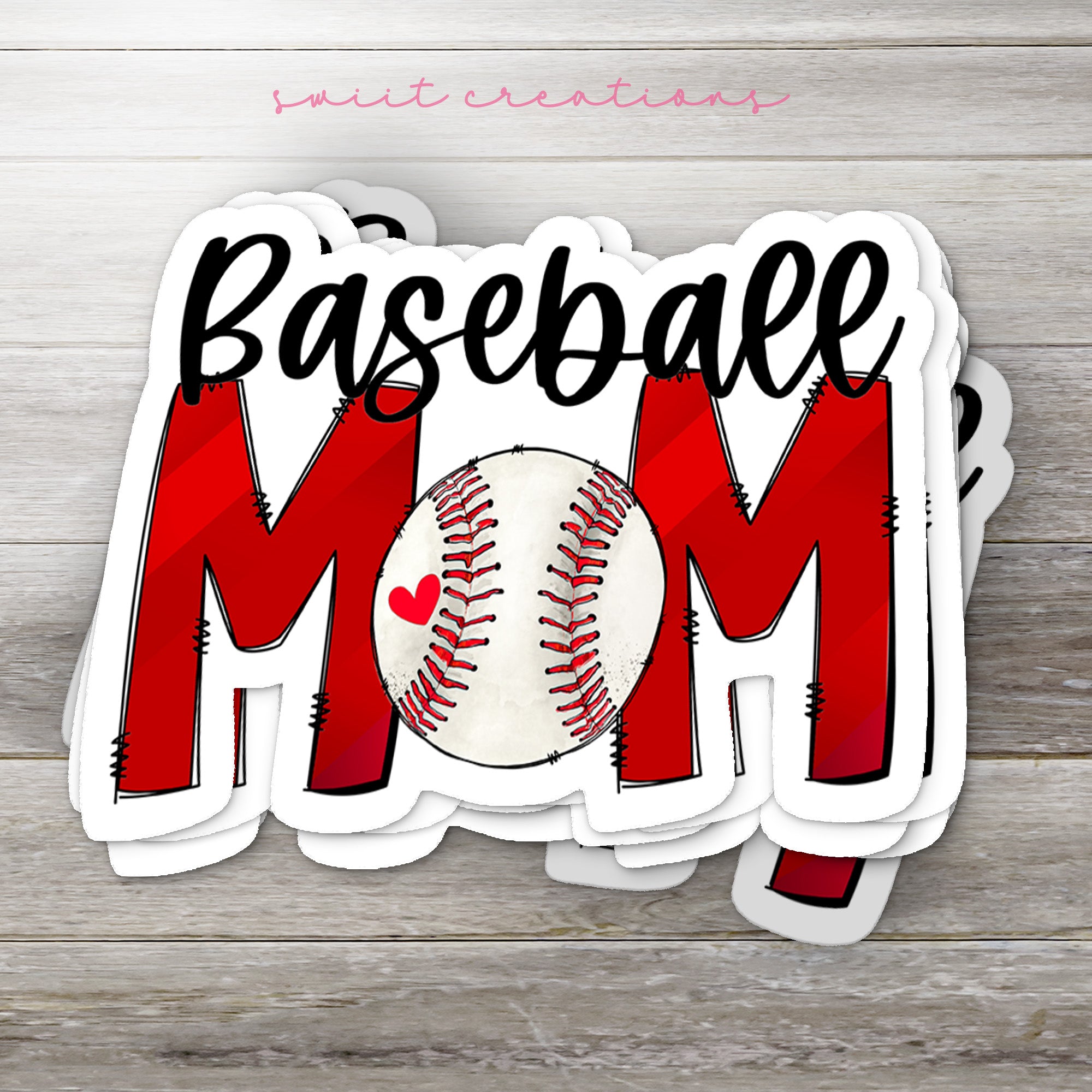 a baseball mom sticker on a wooden surface