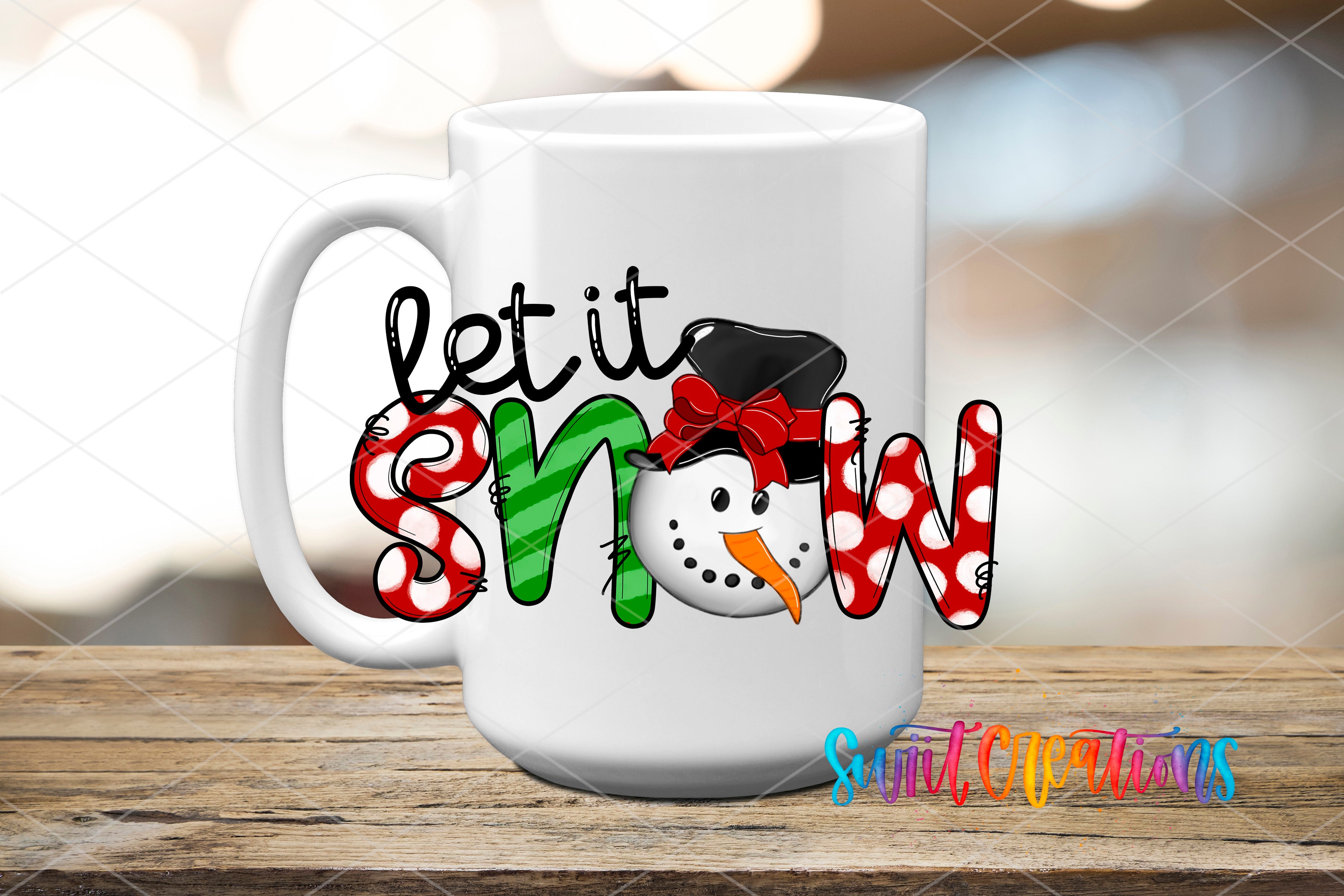 A white mug with a snowman design and the text "let it snow" printed on it.