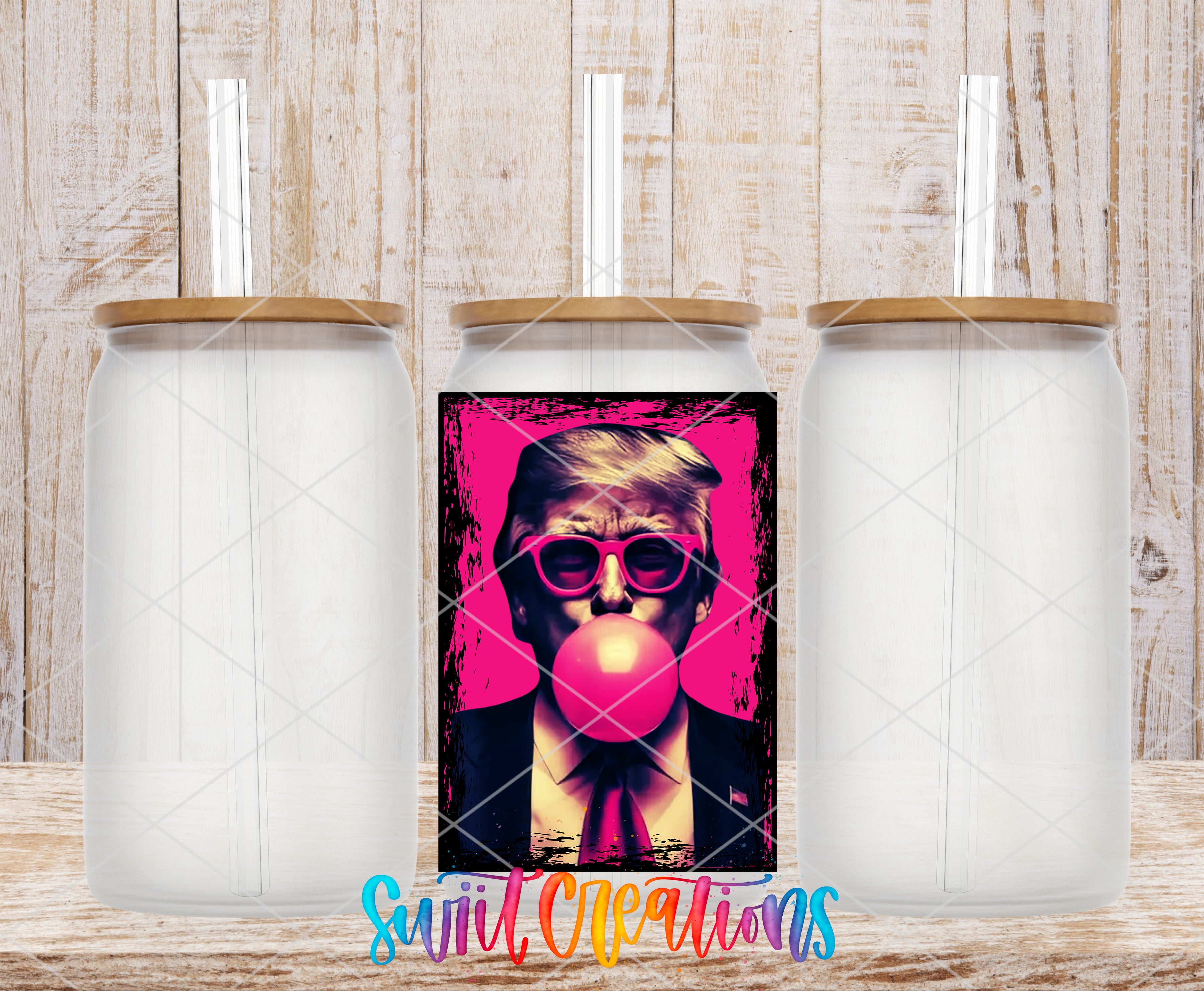 A colorful poster featuring a man blowing a bubble gum bubble, with a wooden background.