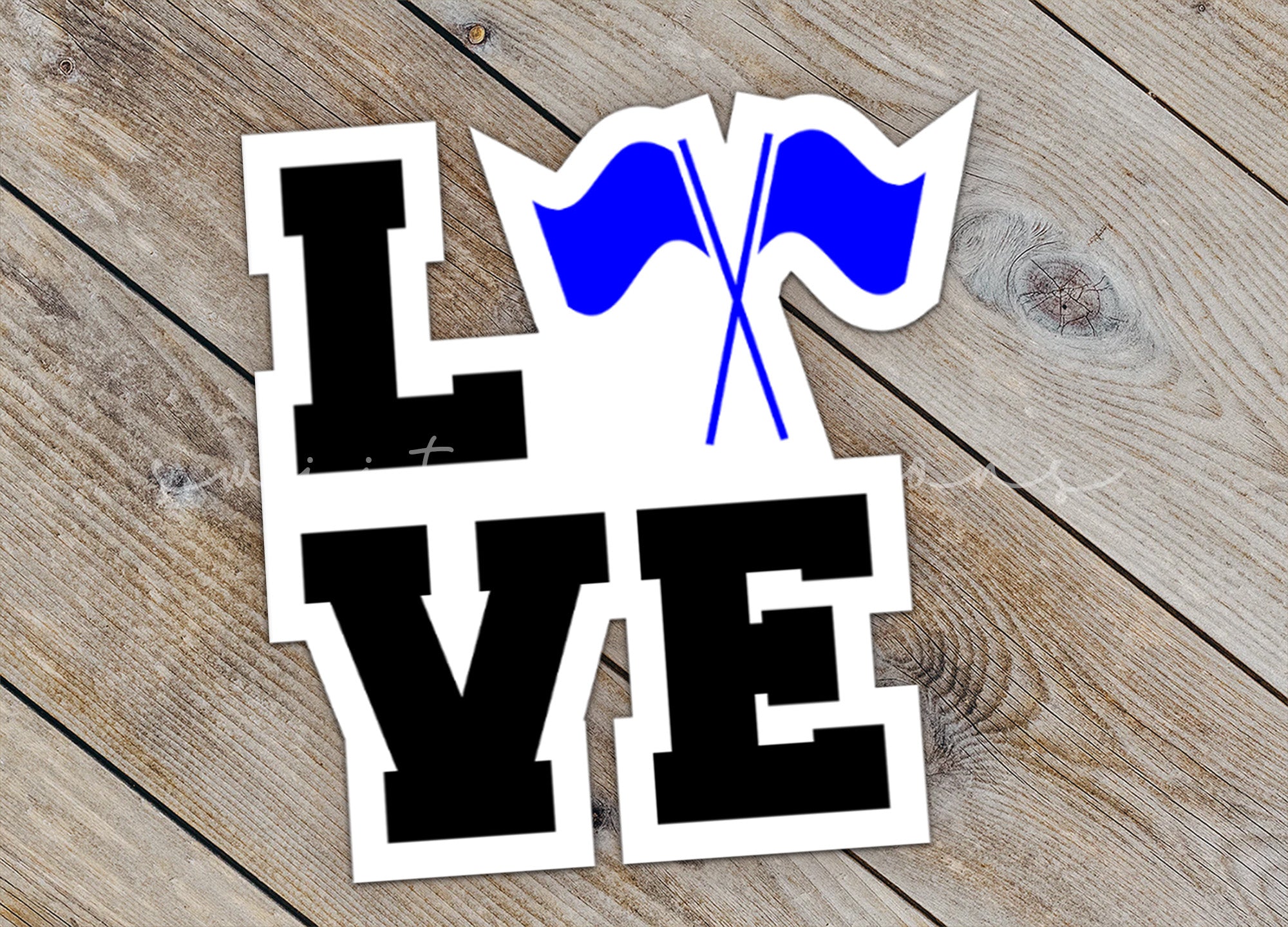 a sticker with the word love and two crossed flags