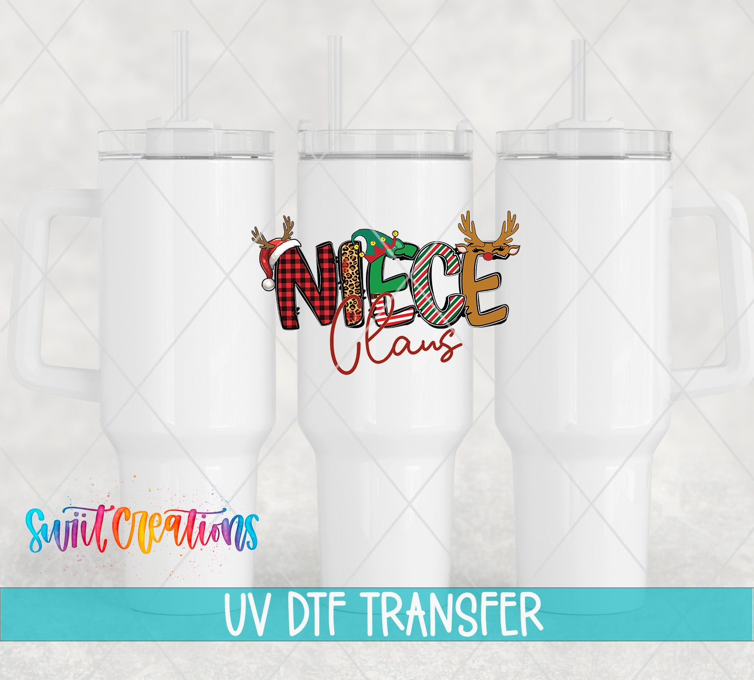 three white tumblers with a colorful and festive design, including a reindeer and a Santa hat, along with the text "Niece Claus" and "UV Dtf Transfer".