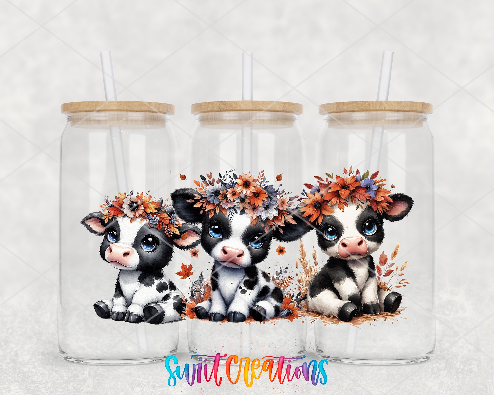 Three glass jars with straws, each containing a cartoon cow with a flower crown.