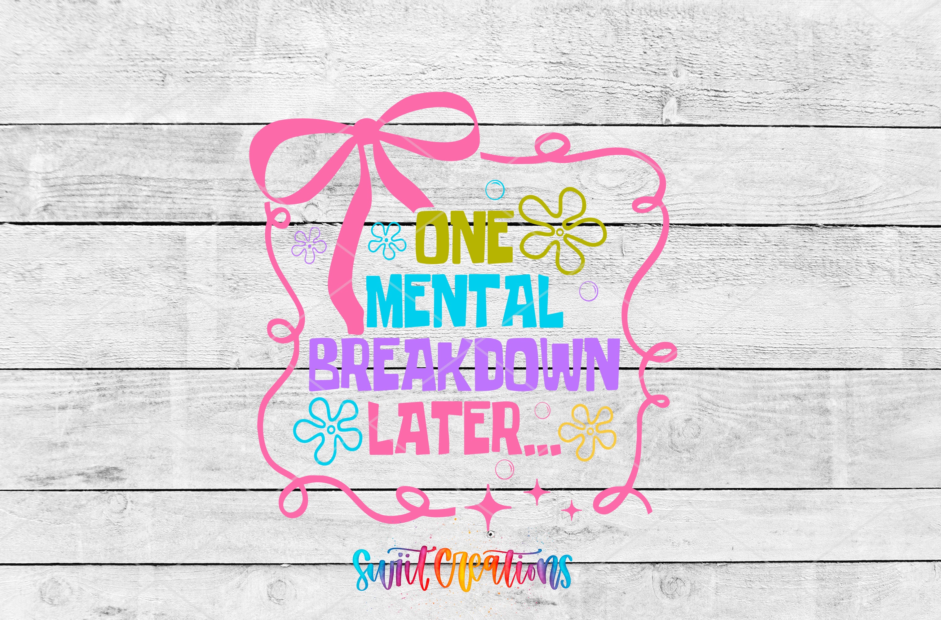 a colorful graphic with text and decorative elements, such as flowers and a bow, all set against a white wooden background.