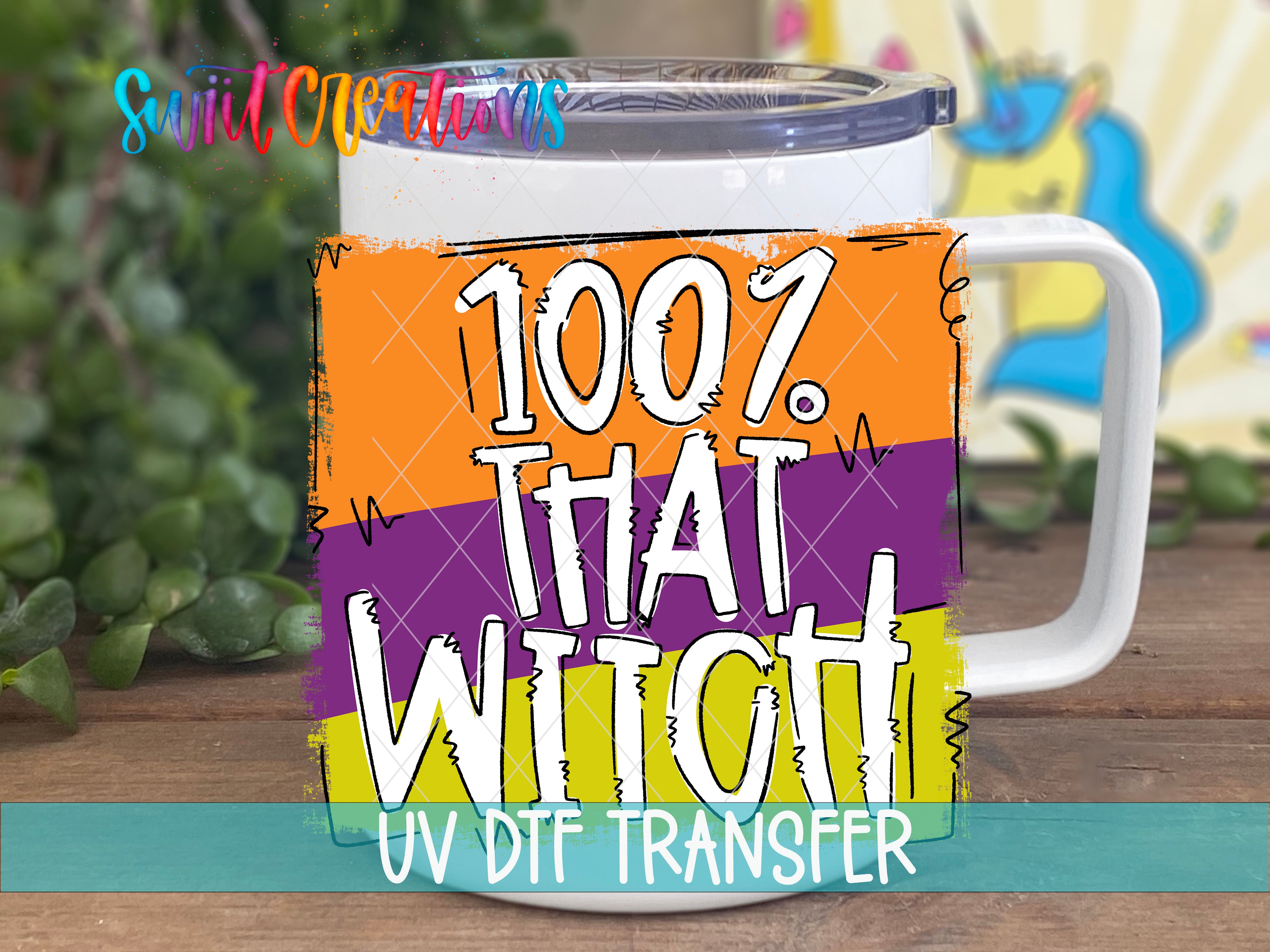 A mug with a colorful graphic design featuring the text "1007. THAT WITCH" and "UV DTF TRANSFER" printed on it.