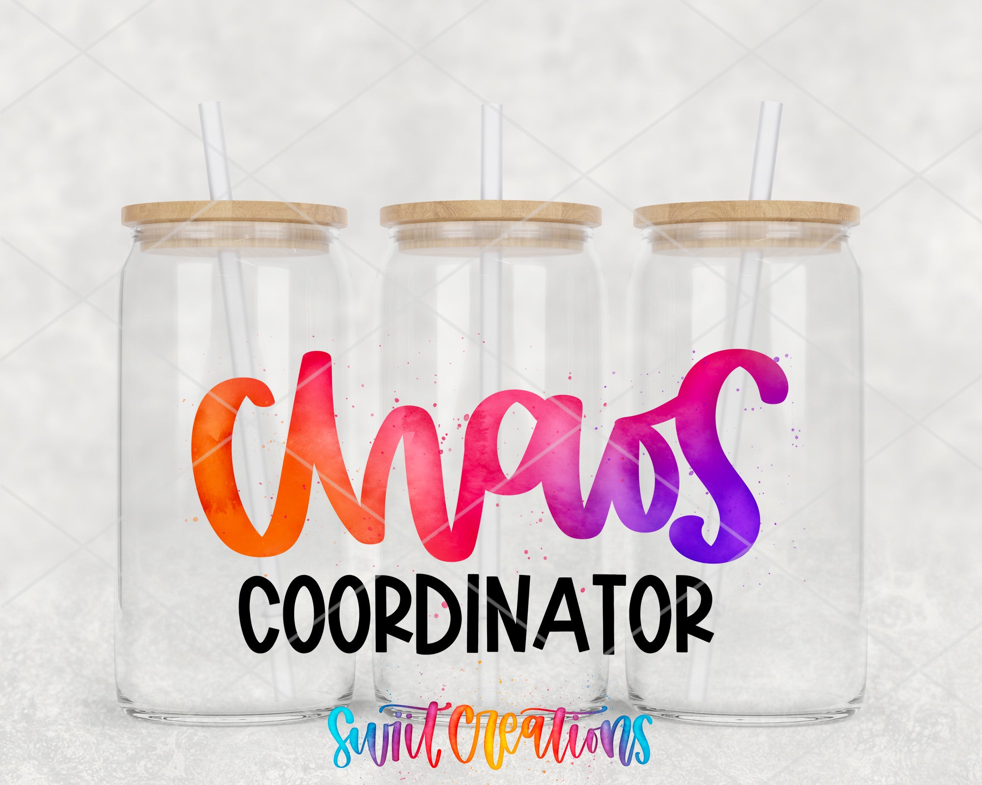 three glass jars with wooden lids, each containing a straw. The text " Chaos Coordinator" is written in a colorful, artistic style across the center of the jars.