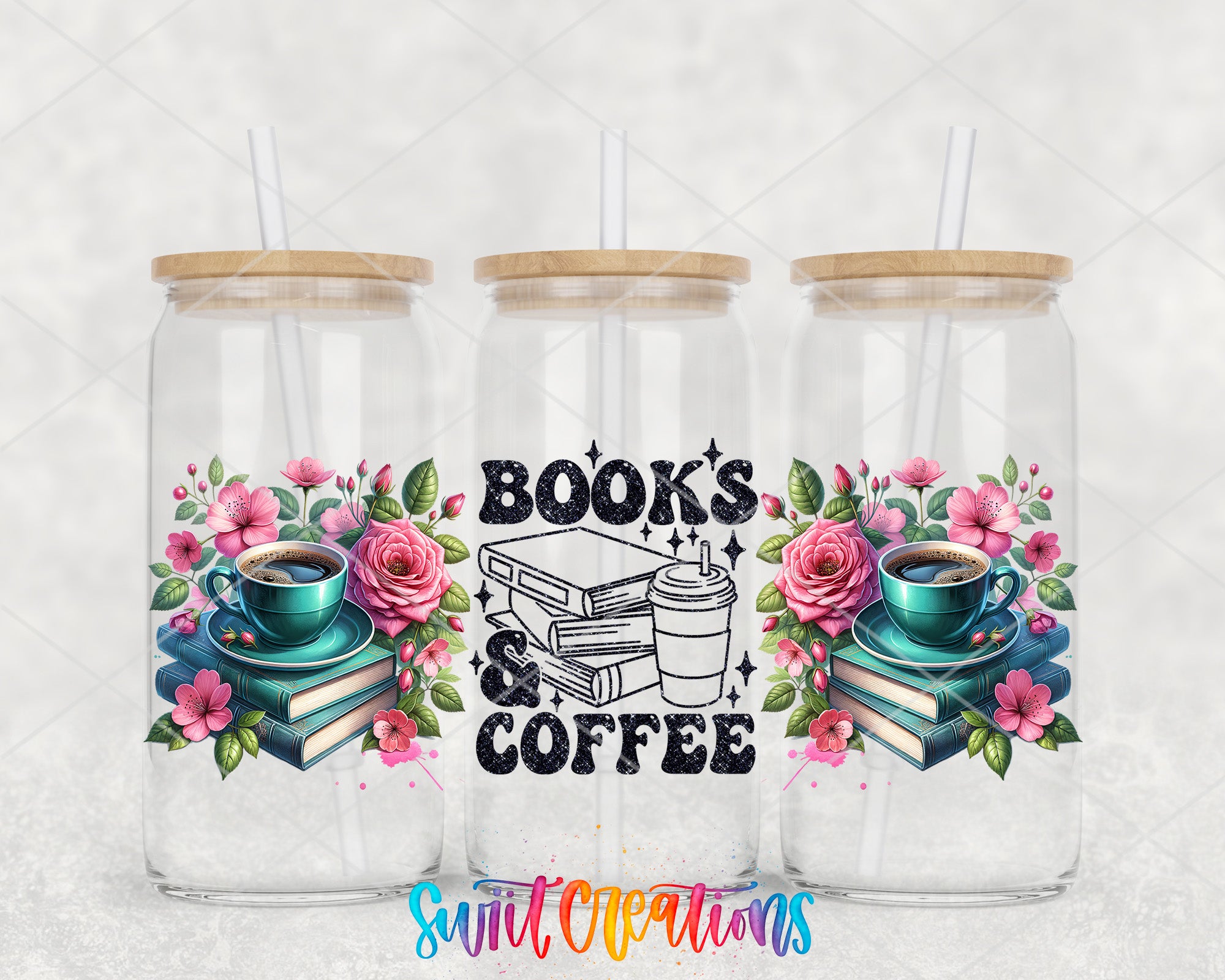 Three glass tumblers with wooden lids, each featuring a floral design and a cup of coffee. The text "BOOK'S & COFFEE" is printed on the center of the tumblers.
