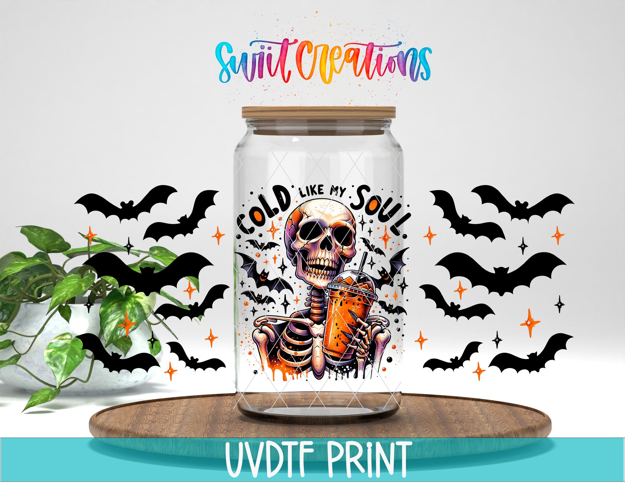 A glass jar with a skeleton holding a drink, surrounded by bats and stars, with the text "COLD LIKE MY SOUL" and "Swift Creations" above it.