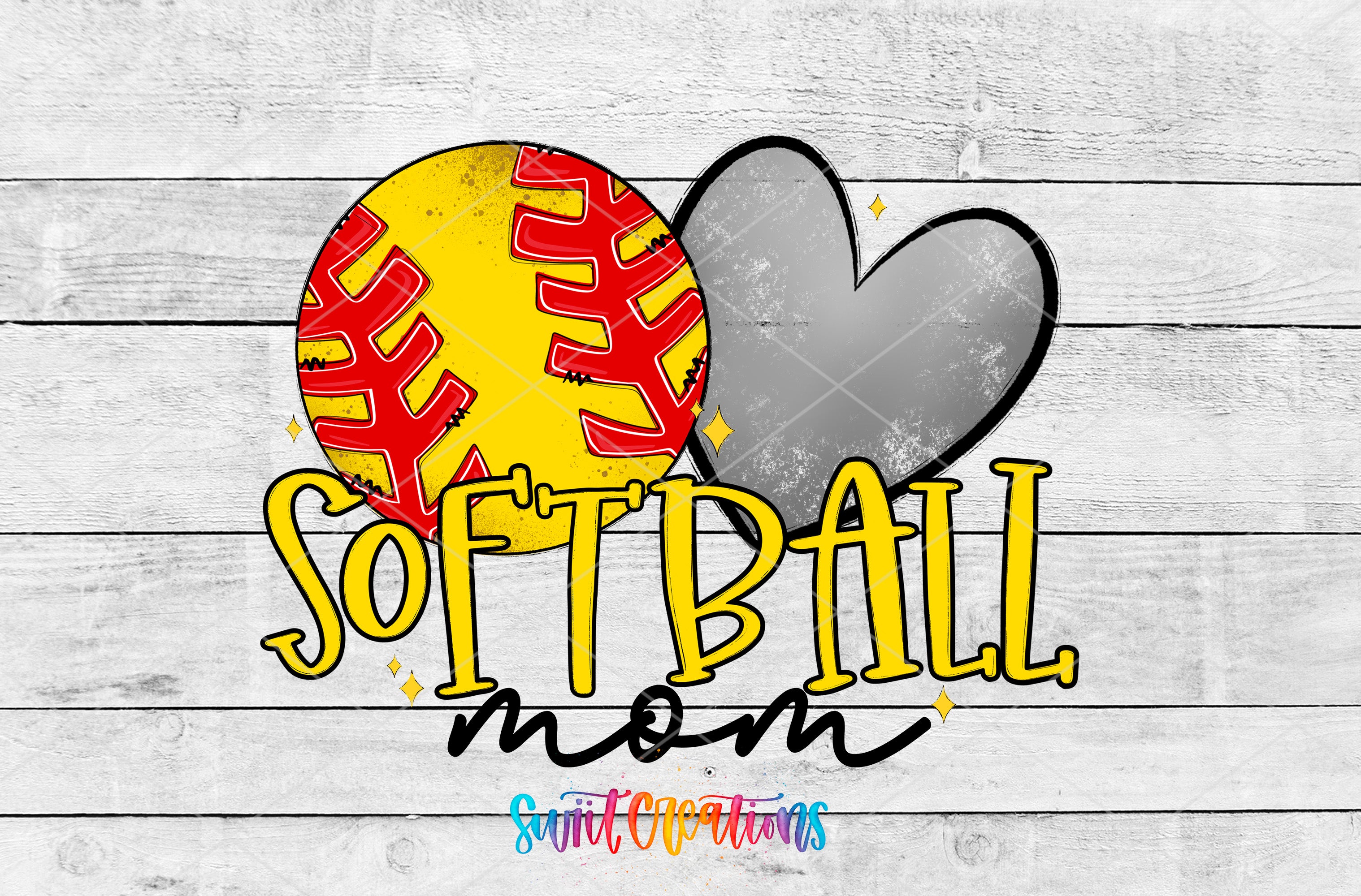 a softball and a heart, with the text "SOFTBALL mom" written below them.
