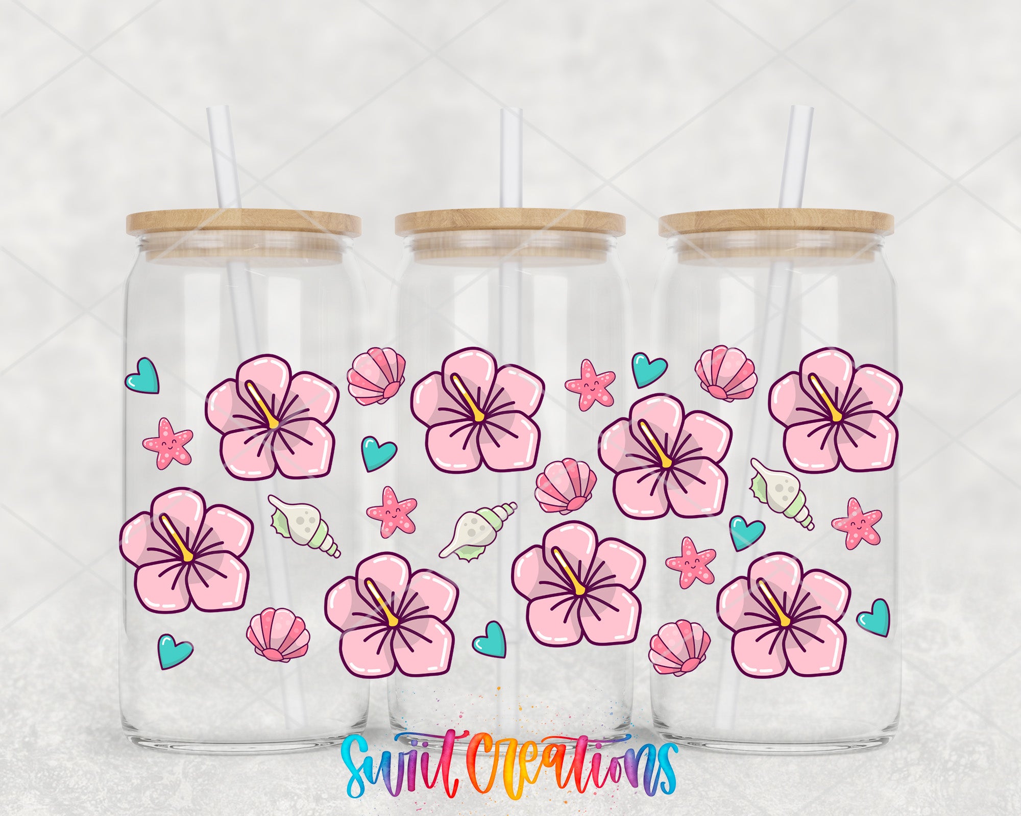 Three glass jars with lids, each containing a pink flower and various sea-themed elements such as hearts, shells, and starfish.