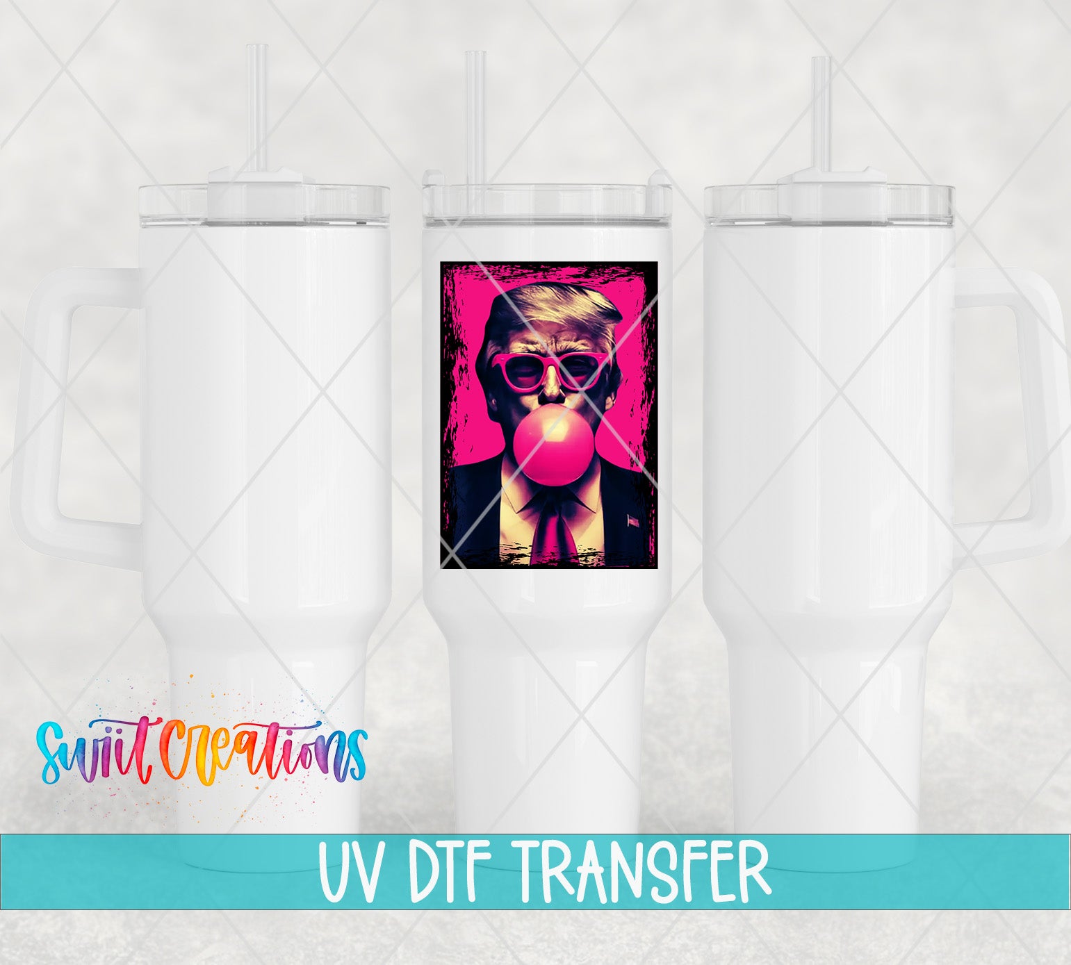 a white tumbler with a printed design of a man blowing a bubble gum bubble, along with a UV DFT (ultraviolet dye transfer) text overlay.