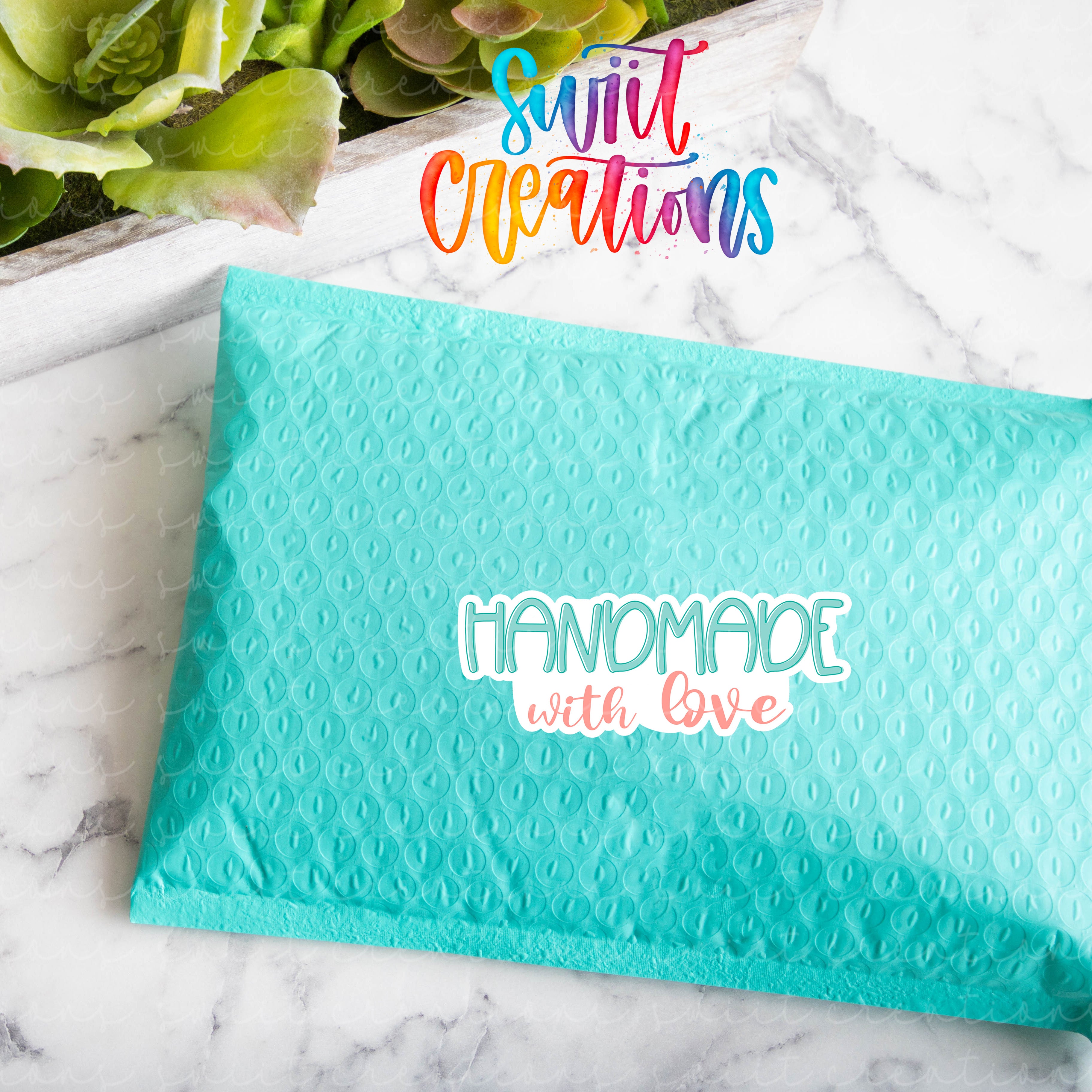 a blue bag with a handmade sticker on it