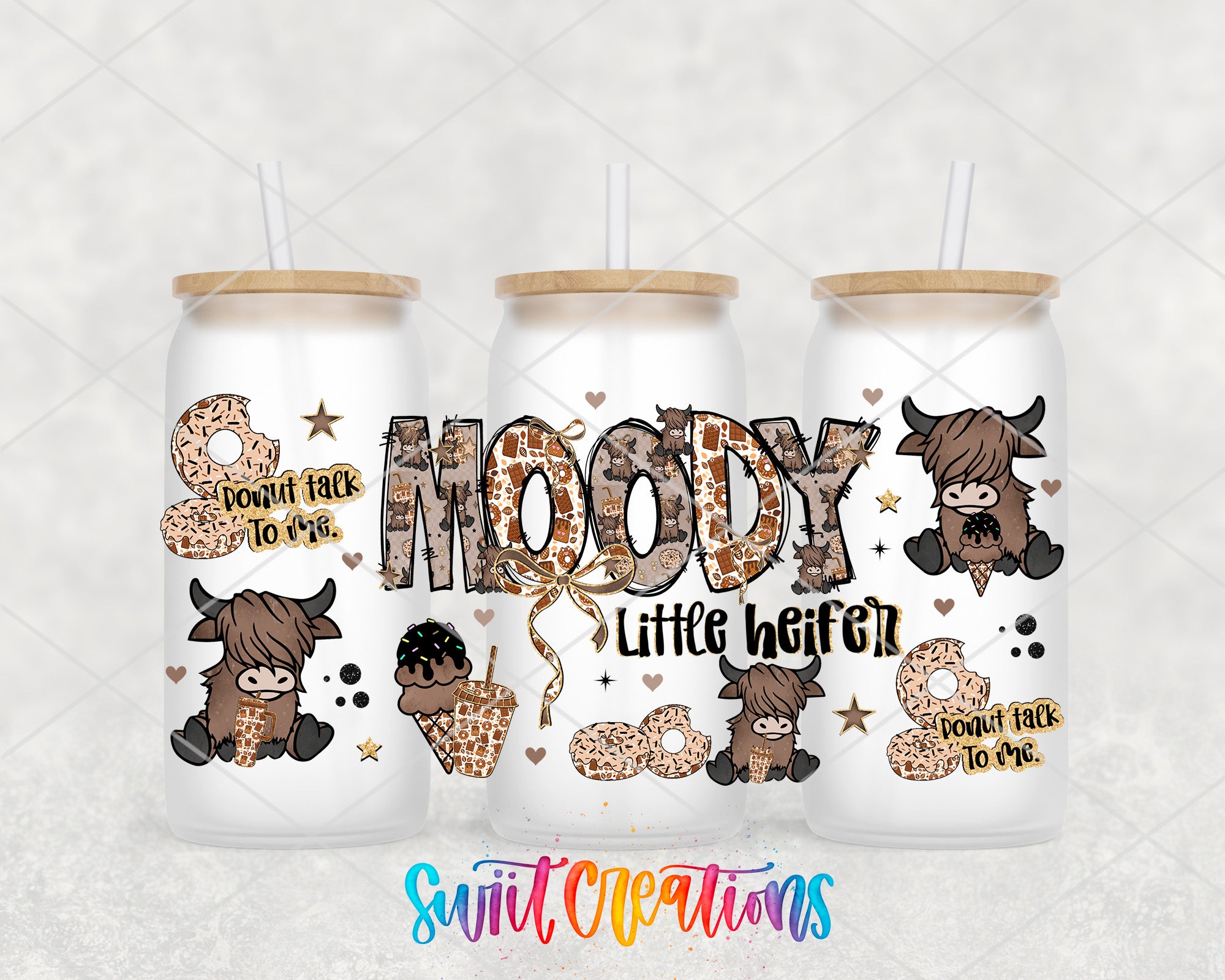 three white tumblers with brown and white designs and text, including a large text that says "MODY LITTLE HEIFEN" and smaller text that says "out to me".
